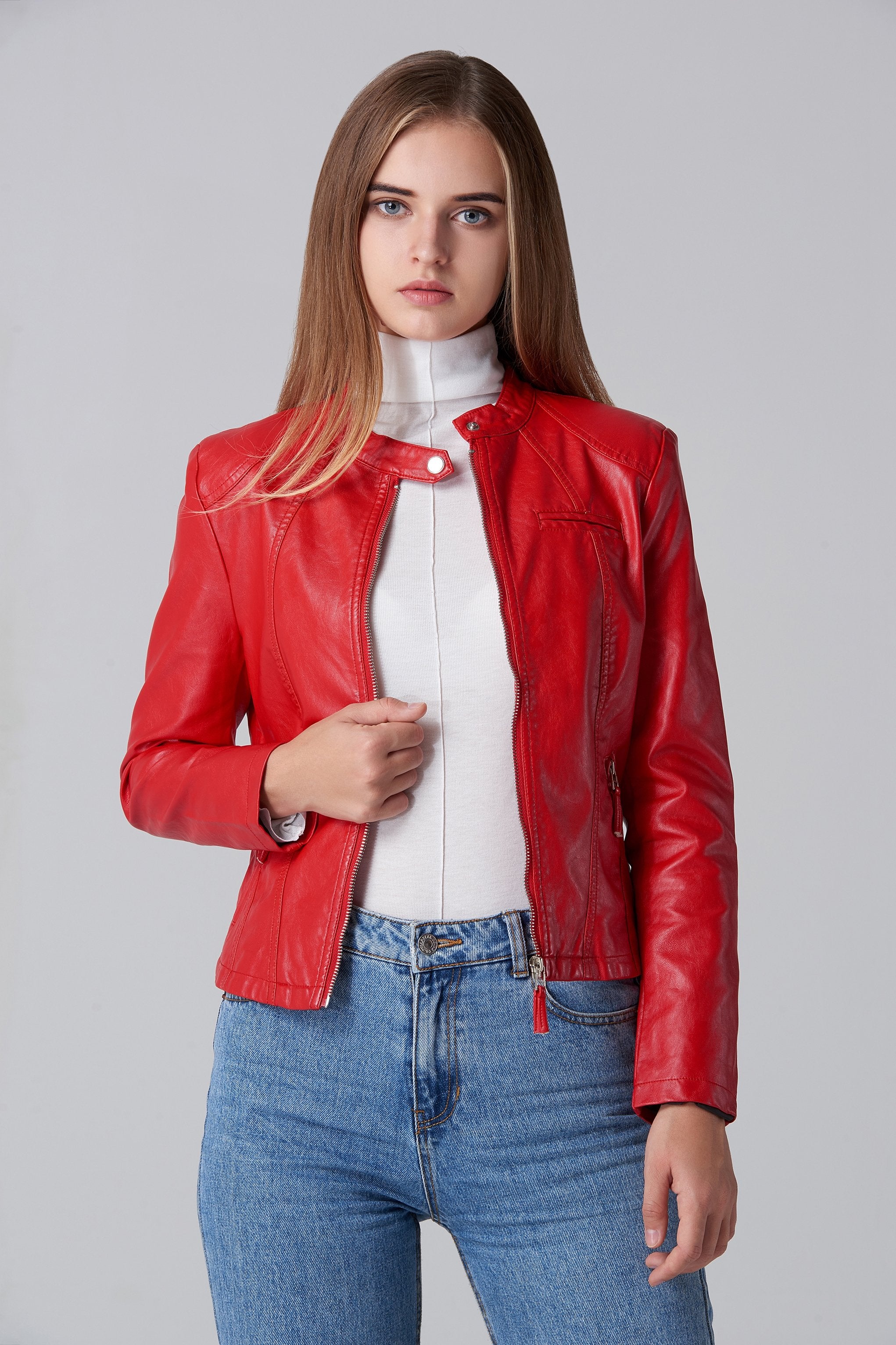 Red Faux Leather Biker Jacket - ownthelooks-Development