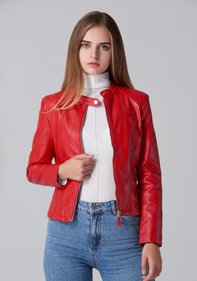 Red Faux Leather Biker Jacket - ownthelooks-Development