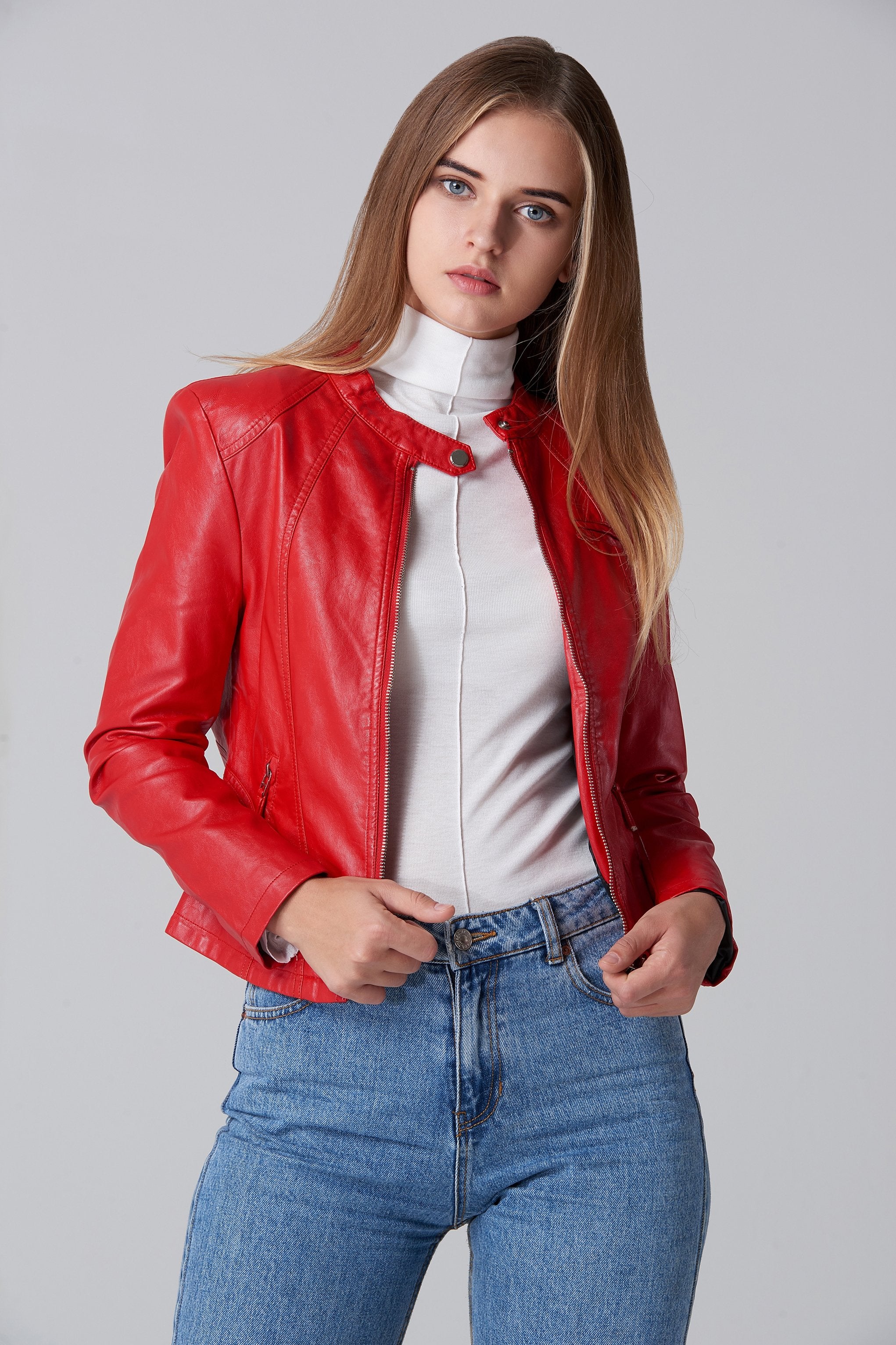 Red Faux Leather Biker Jacket - ownthelooks-Development