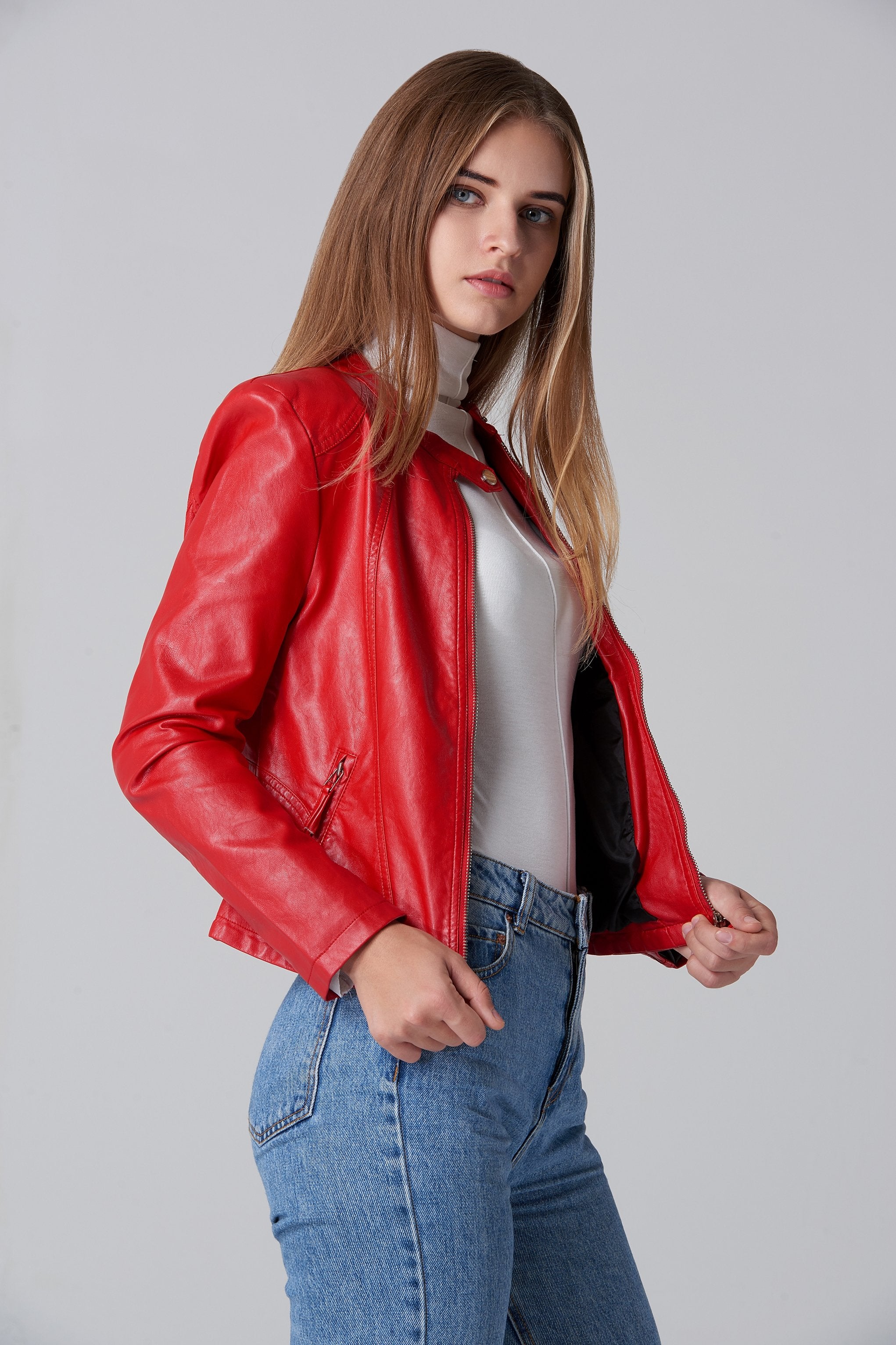 Red Faux Leather Biker Jacket - ownthelooks-Development