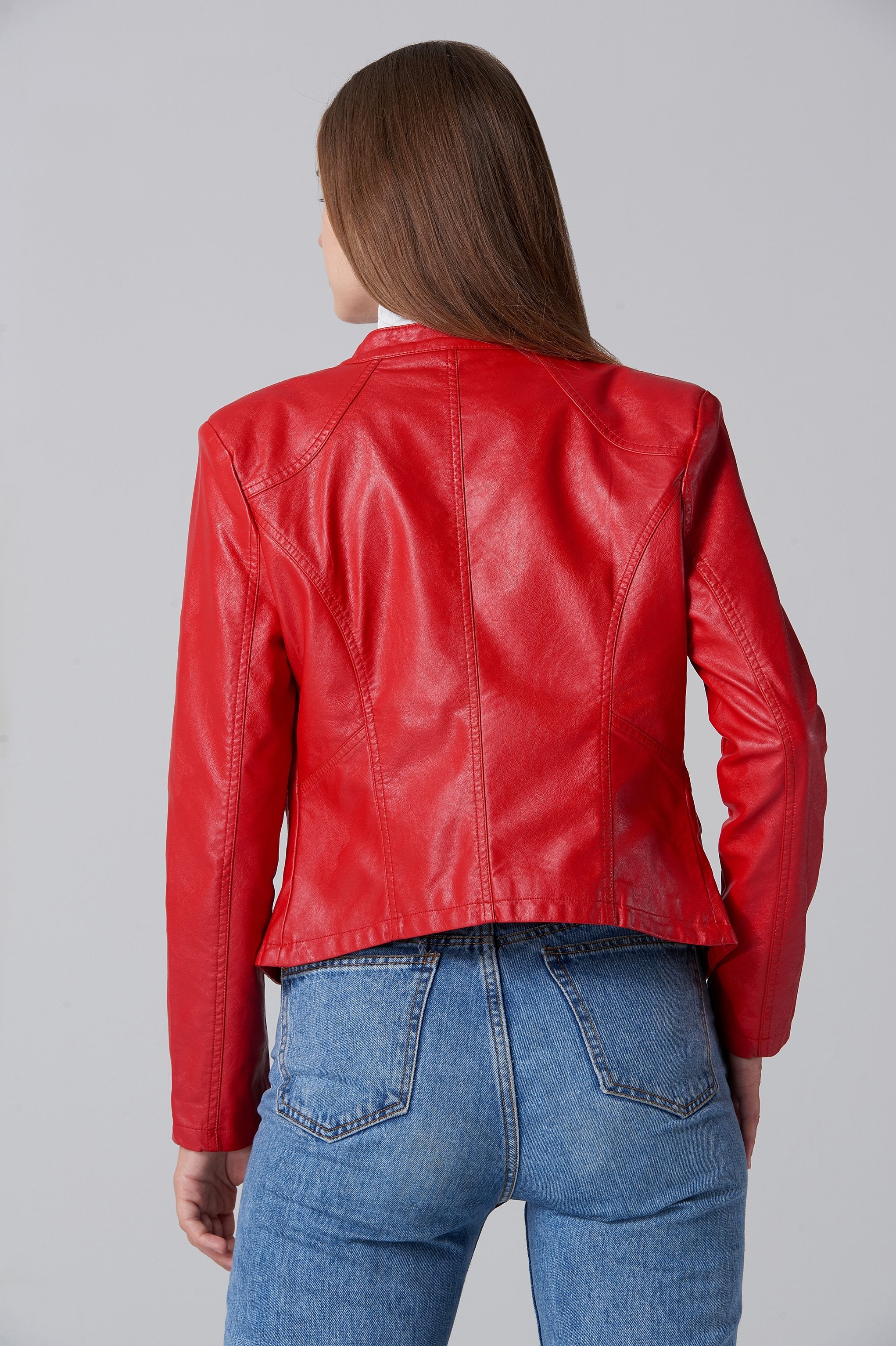 Red Faux Leather Biker Jacket - ownthelooks-Development