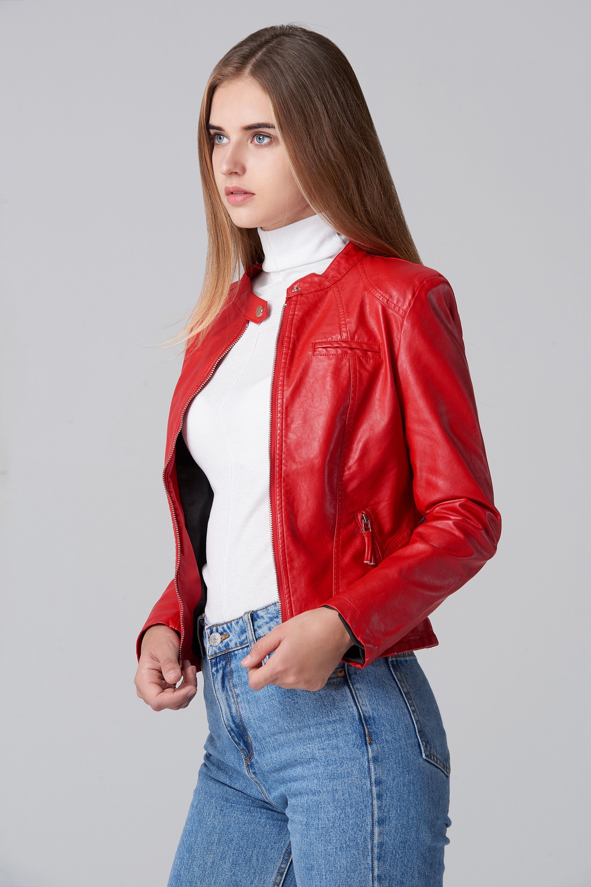 Red Faux Leather Biker Jacket - ownthelooks-Development