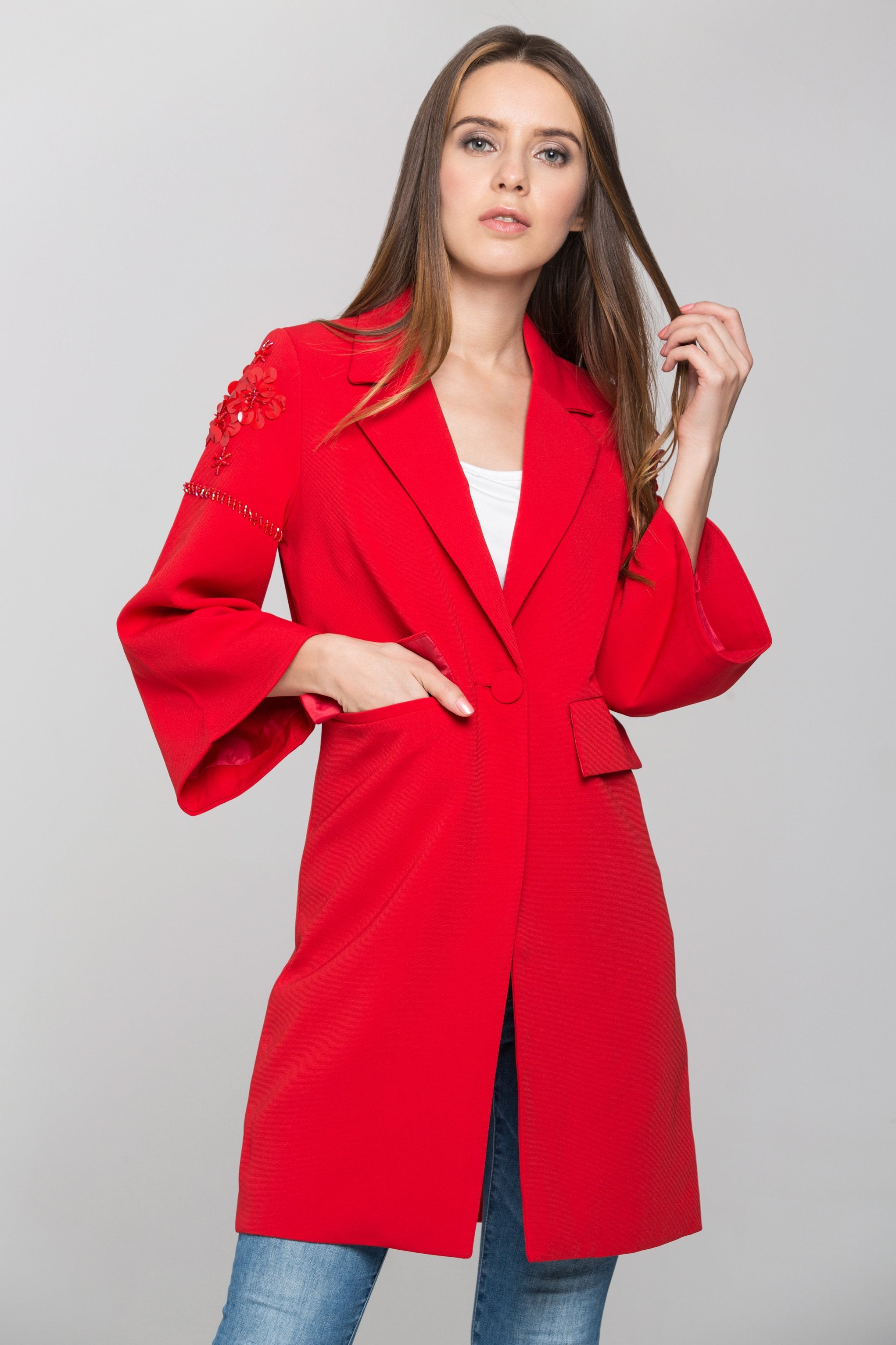 Red Flower Shoulder Long Blazer - ownthelooks-Development