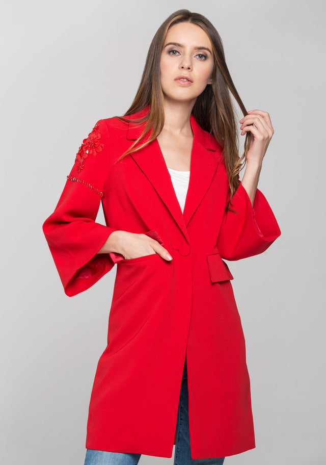 Red Flower Shoulder Long Blazer - ownthelooks-Development