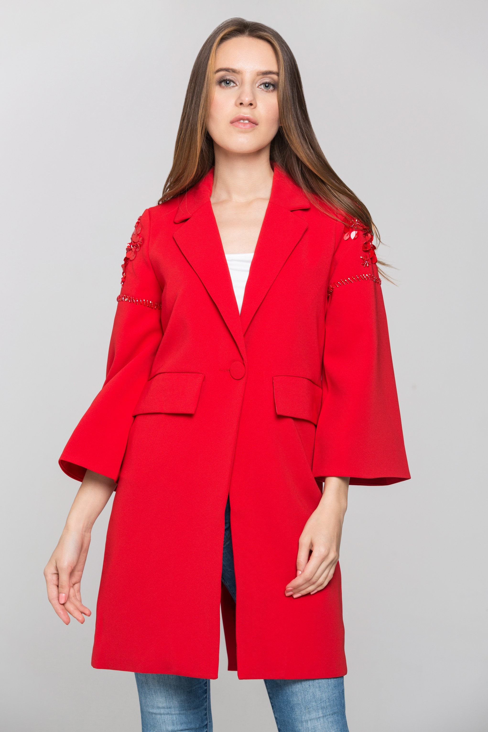 Red Flower Shoulder Long Blazer - ownthelooks-Development