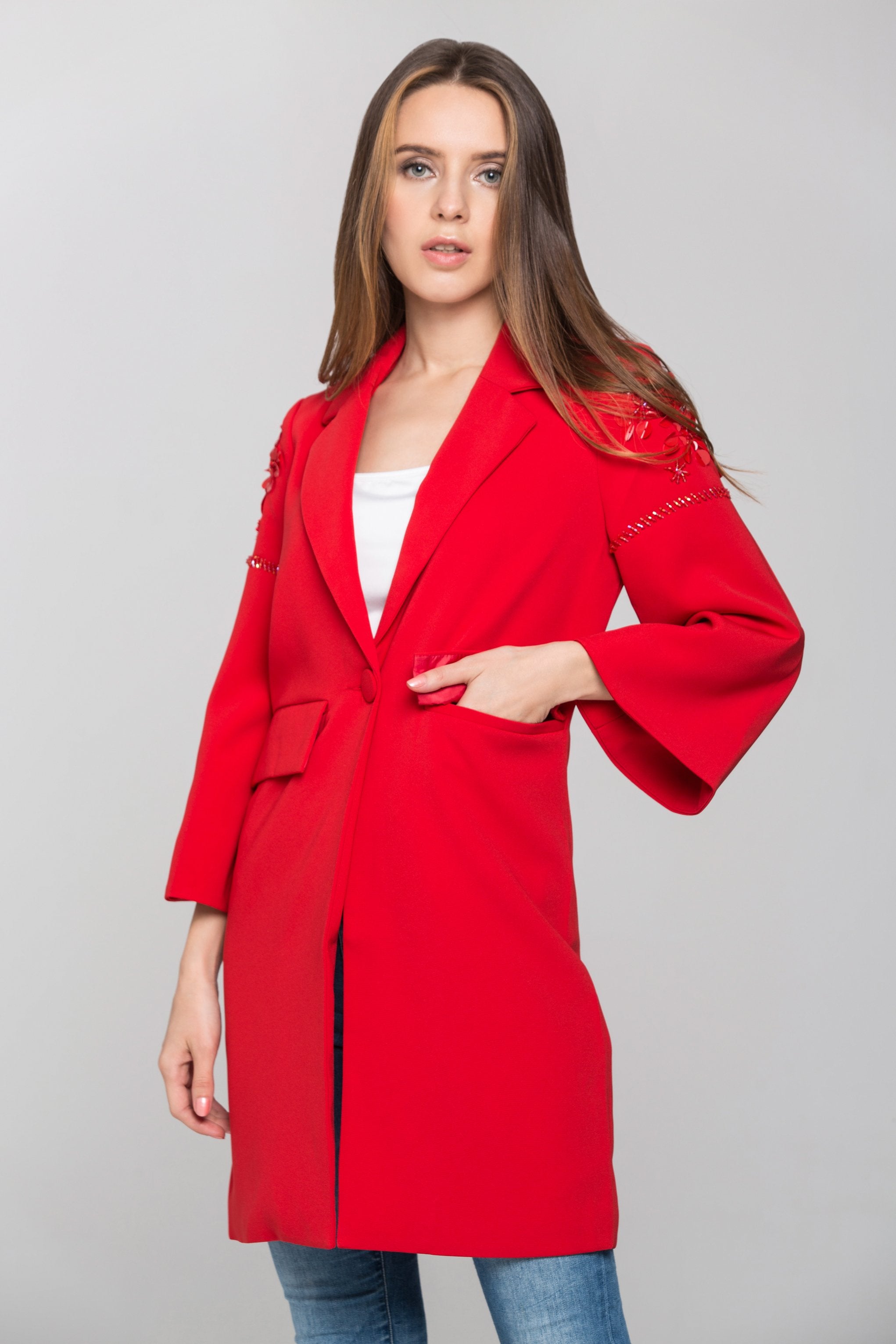 Red Flower Shoulder Long Blazer - ownthelooks-Development