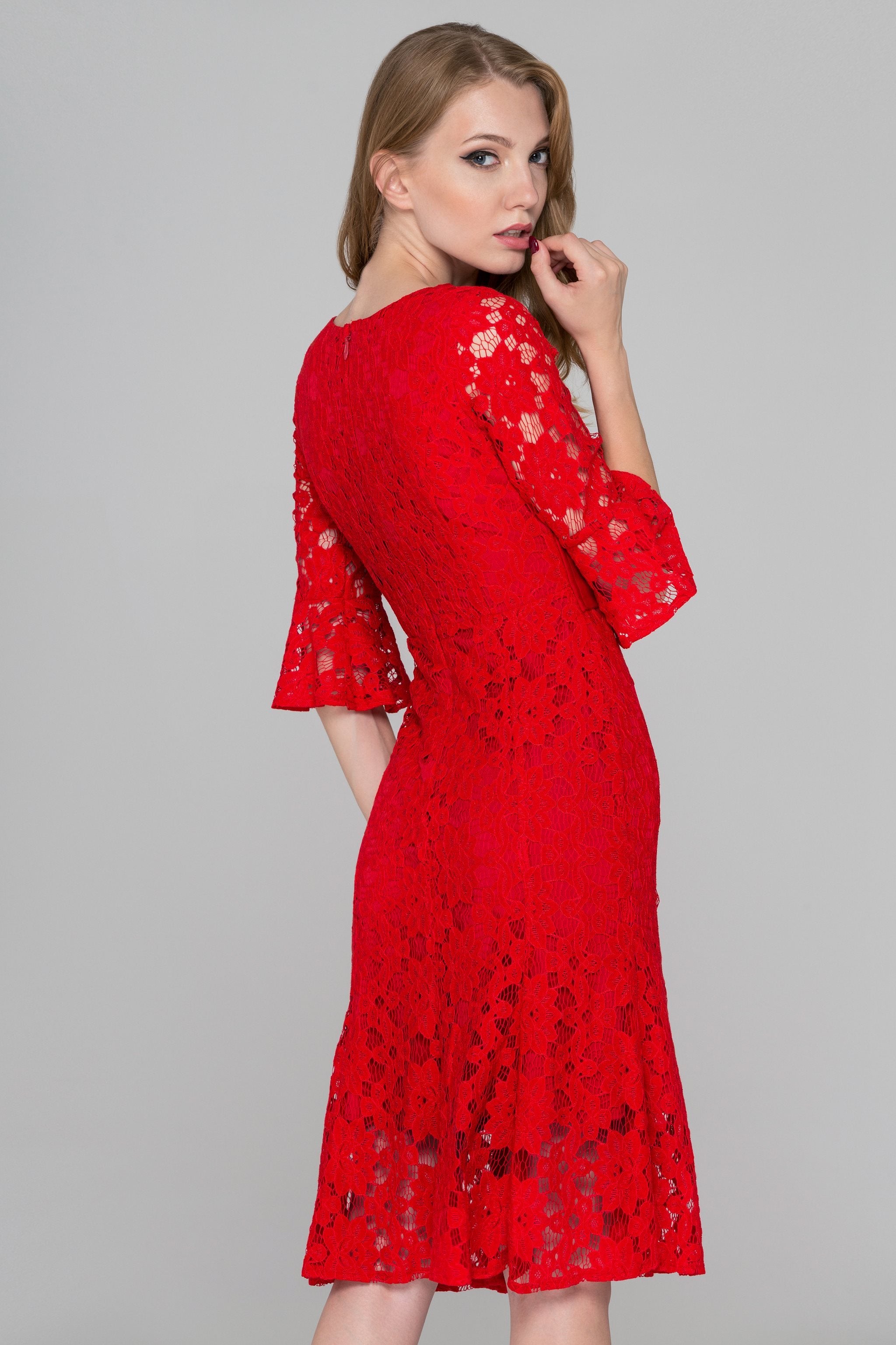 Red Lace Overlay Dress with Corset Waist and Trumpet Sleeves - ownthelooks-Development