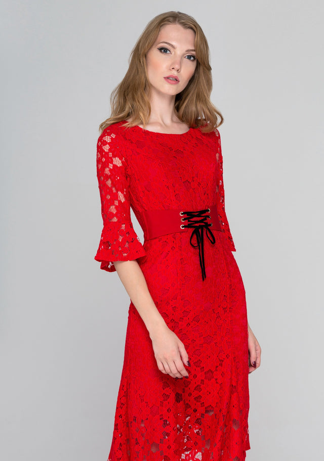 Red Lace Overlay Dress with Corset Waist and Trumpet Sleeves - ownthelooks-Development
