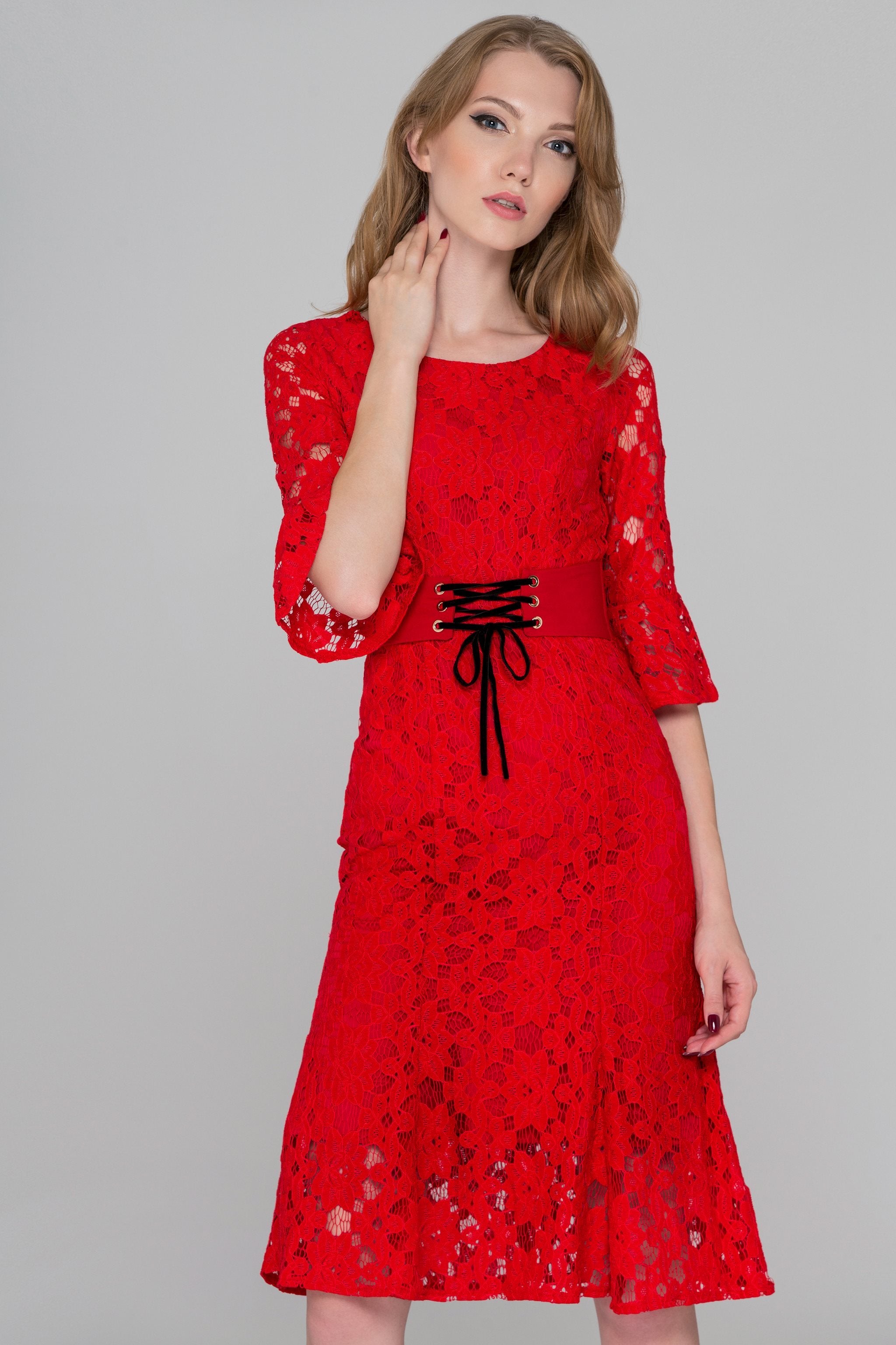 Red Lace Overlay Dress with Corset Waist and Trumpet Sleeves - ownthelooks-Development
