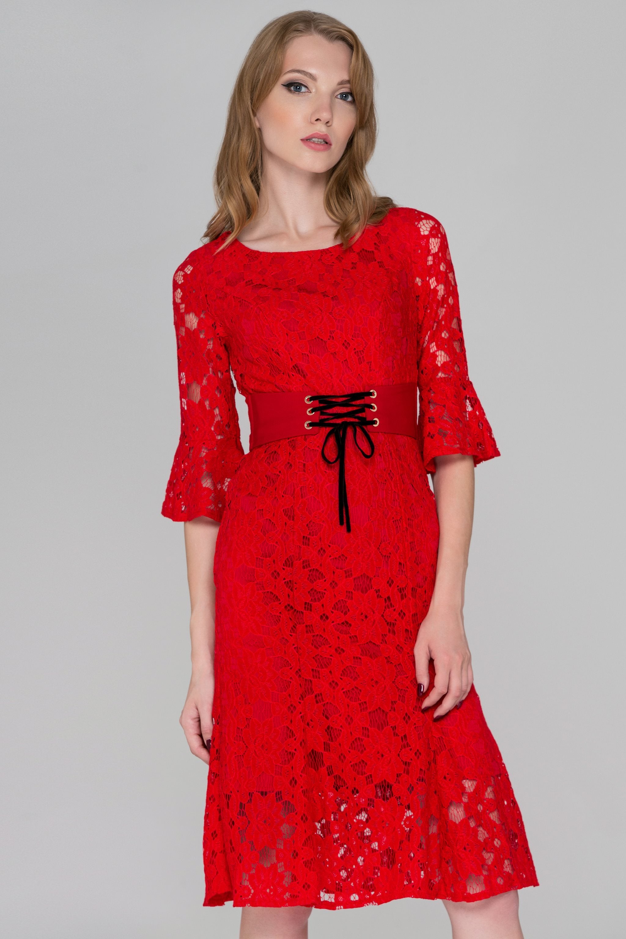 Red Lace Overlay Dress with Corset Waist and Trumpet Sleeves - ownthelooks-Development