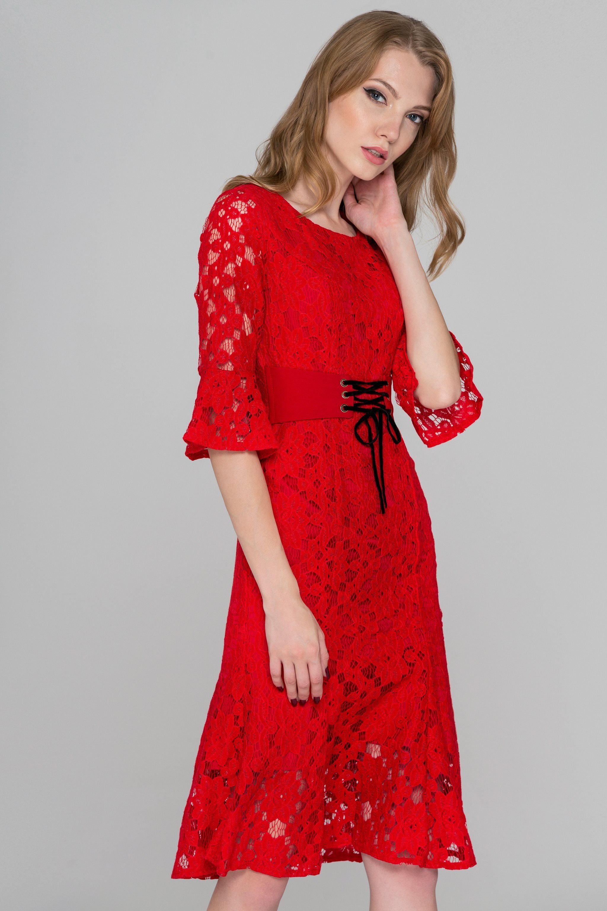 Red Lace Overlay Dress with Corset Waist and Trumpet Sleeves - ownthelooks-Development