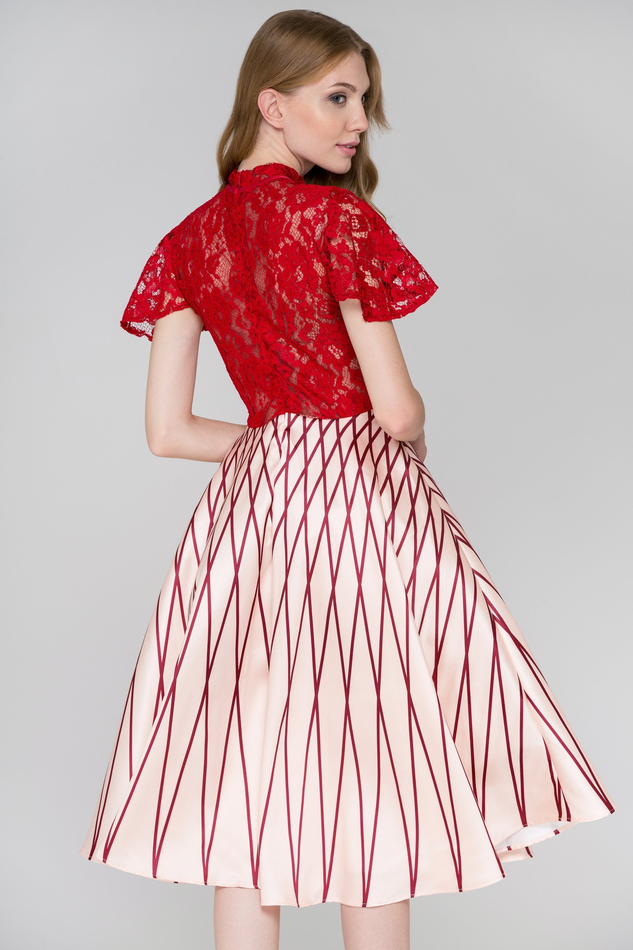 Red Lace Peach Skirt Midi Ball Gown Dress - ownthelooks-Development