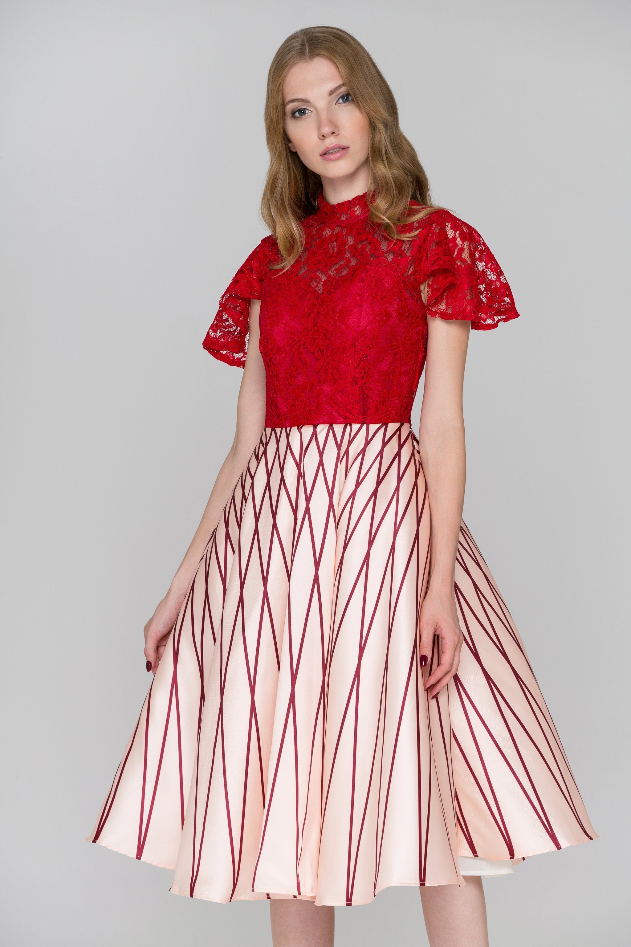 Red Lace Peach Skirt Midi Ball Gown Dress - ownthelooks-Development
