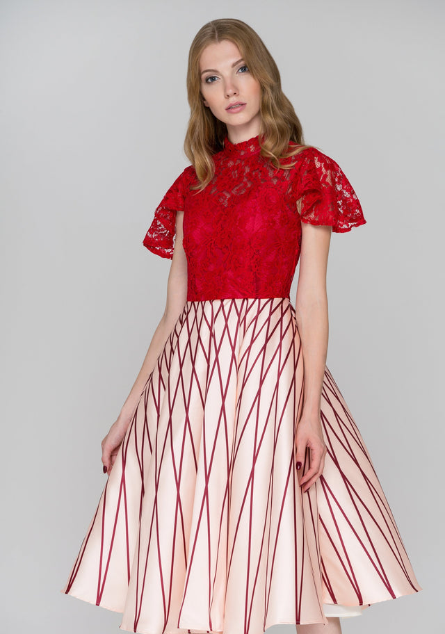 Red Lace Peach Skirt Midi Ball Gown Dress - ownthelooks-Development