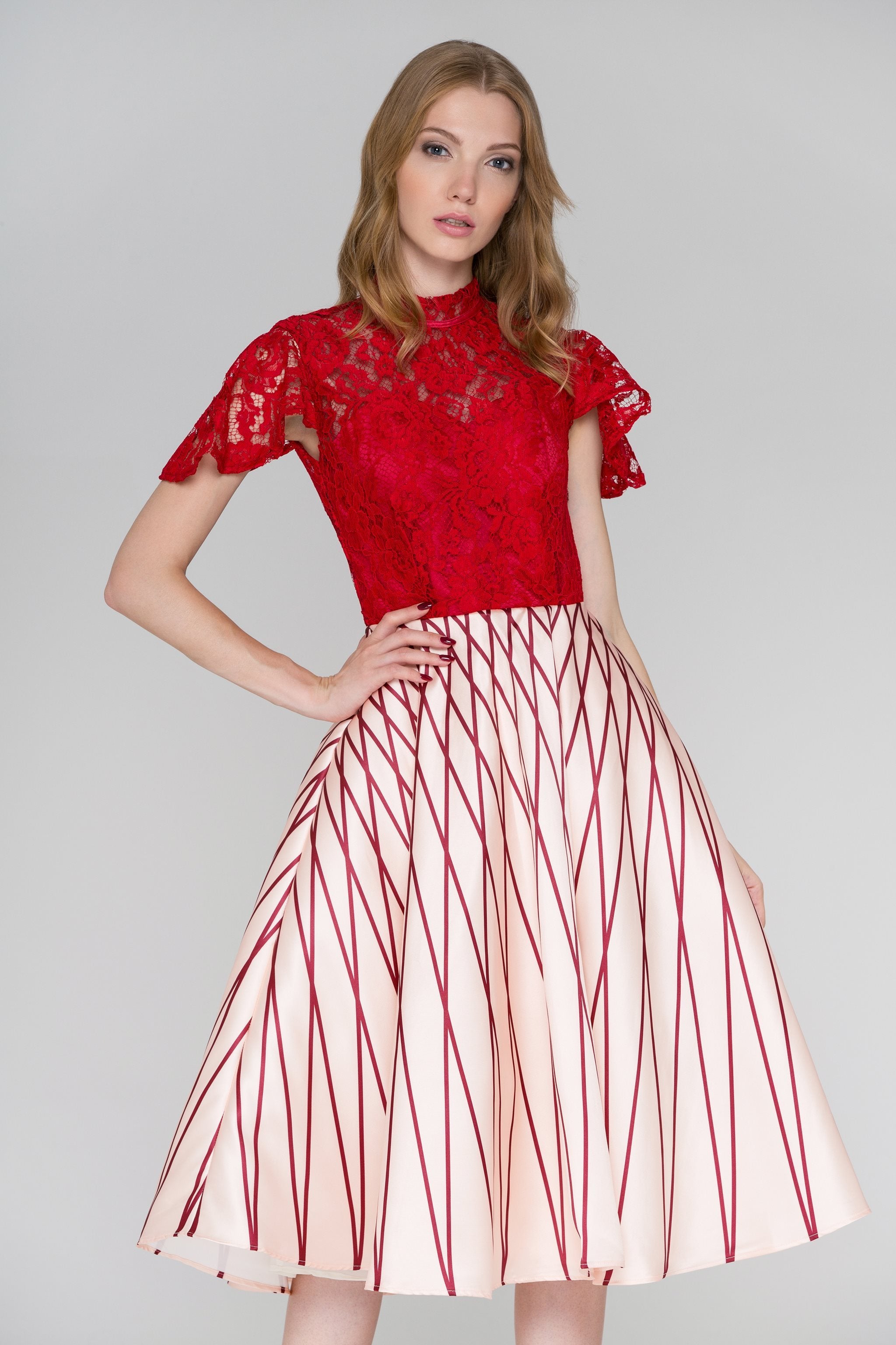 Red Lace Peach Skirt Midi Ball Gown Dress - ownthelooks-Development