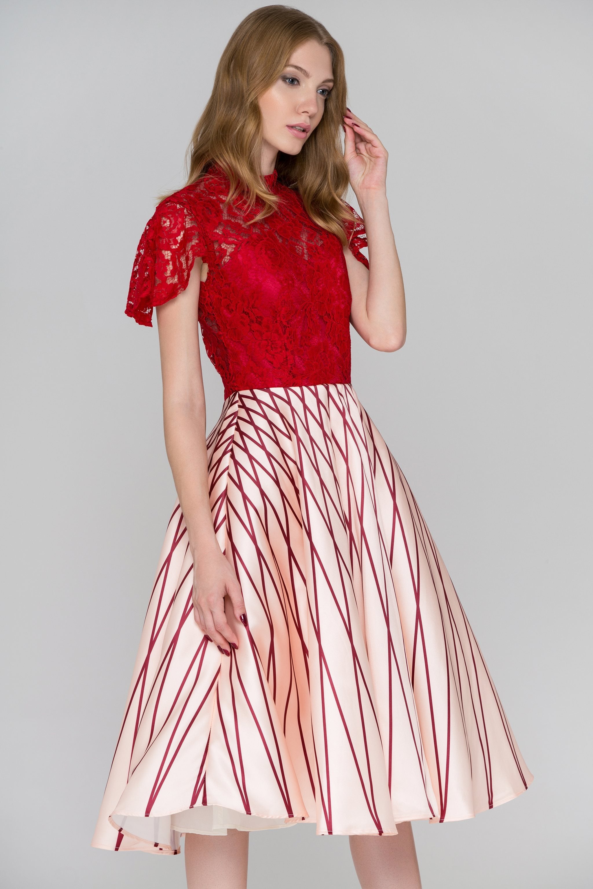 Red Lace Peach Skirt Midi Ball Gown Dress - ownthelooks-Development