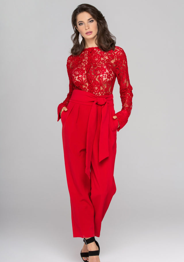 Rania Fawaz - Red Lace Sleeved Jumpsuit - ownthelooks-Development