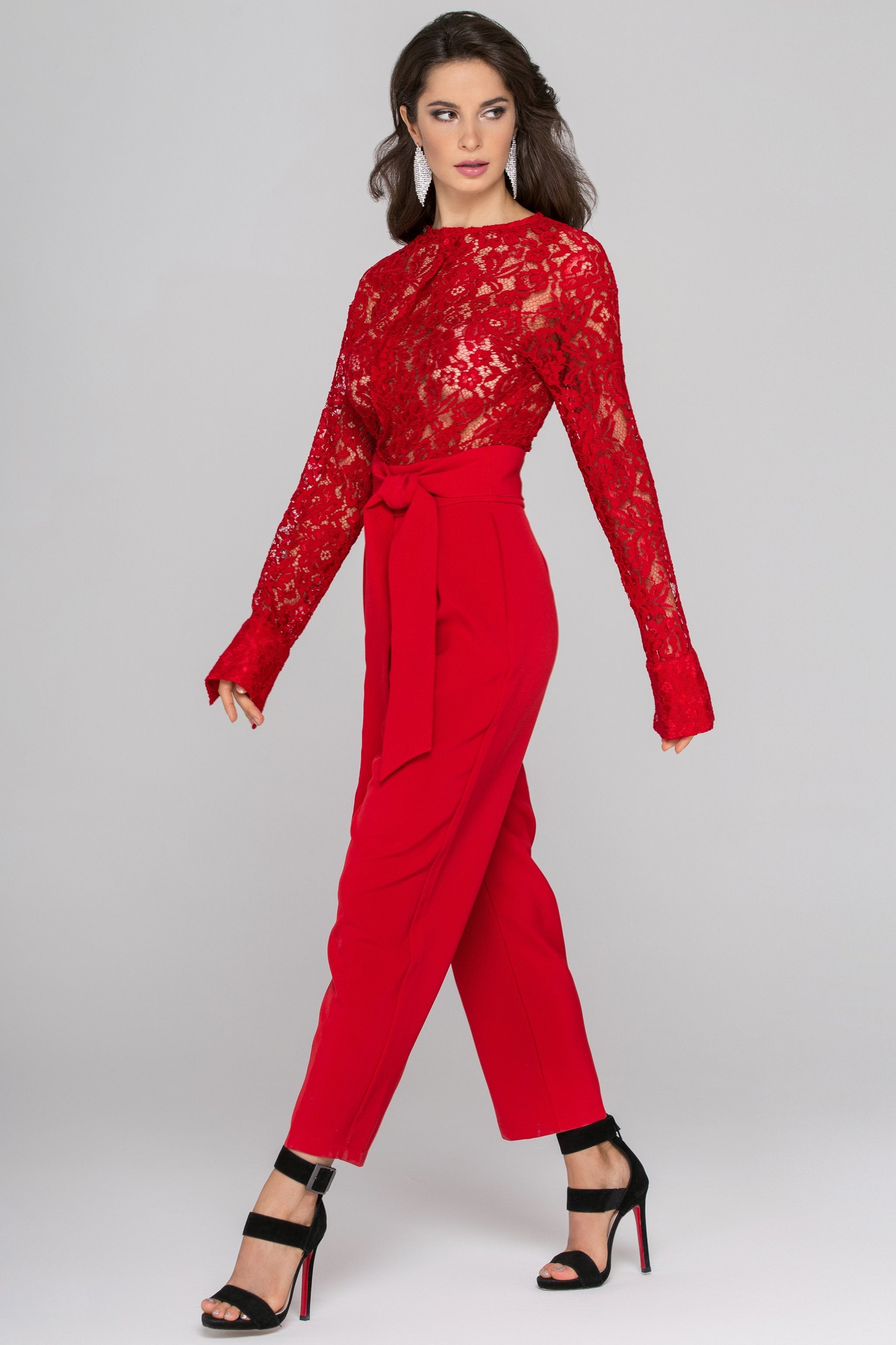 Rania Fawaz - Red Lace Sleeved Jumpsuit - ownthelooks-Development