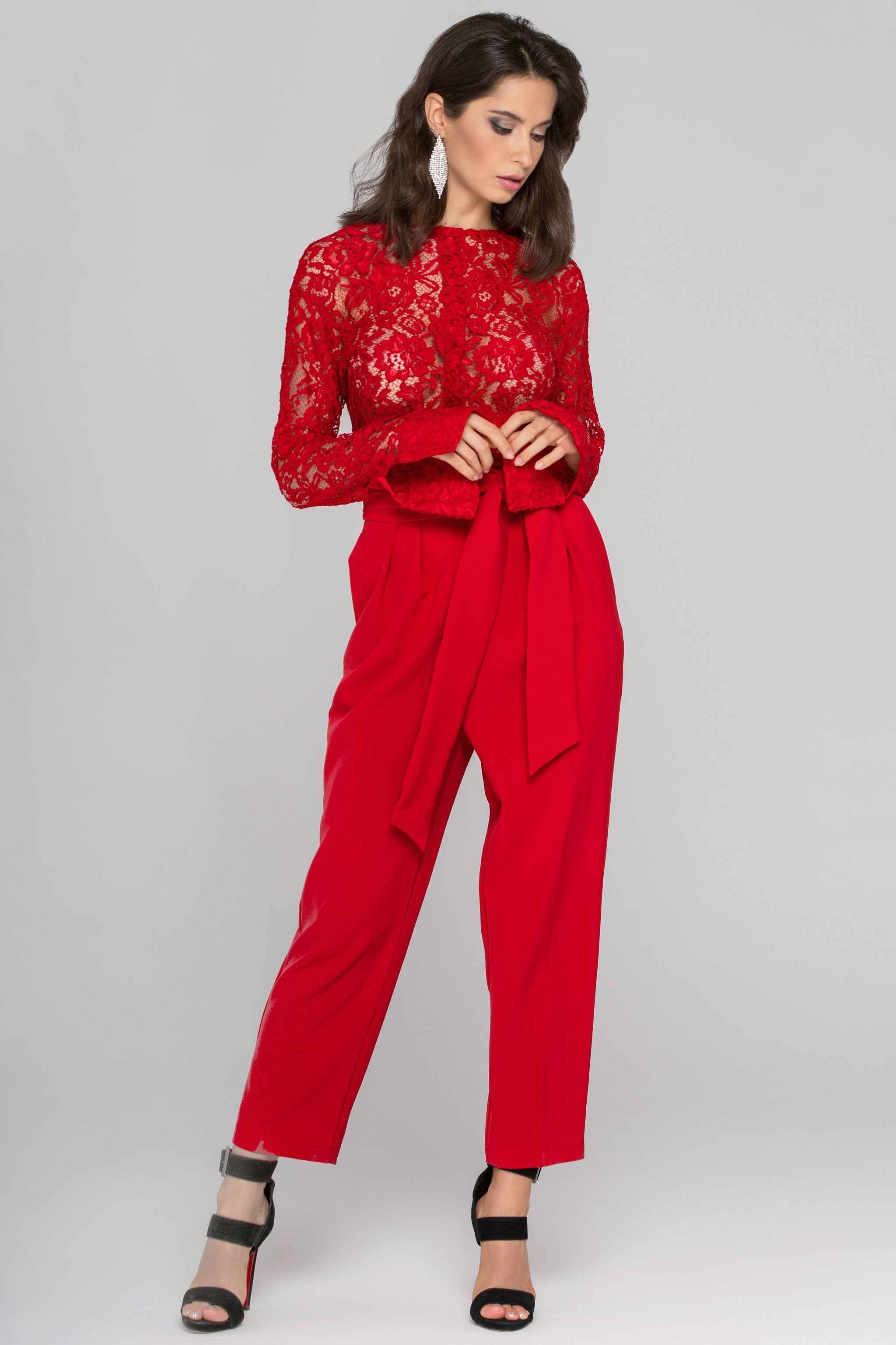 Rania Fawaz - Red Lace Sleeved Jumpsuit - ownthelooks-Development