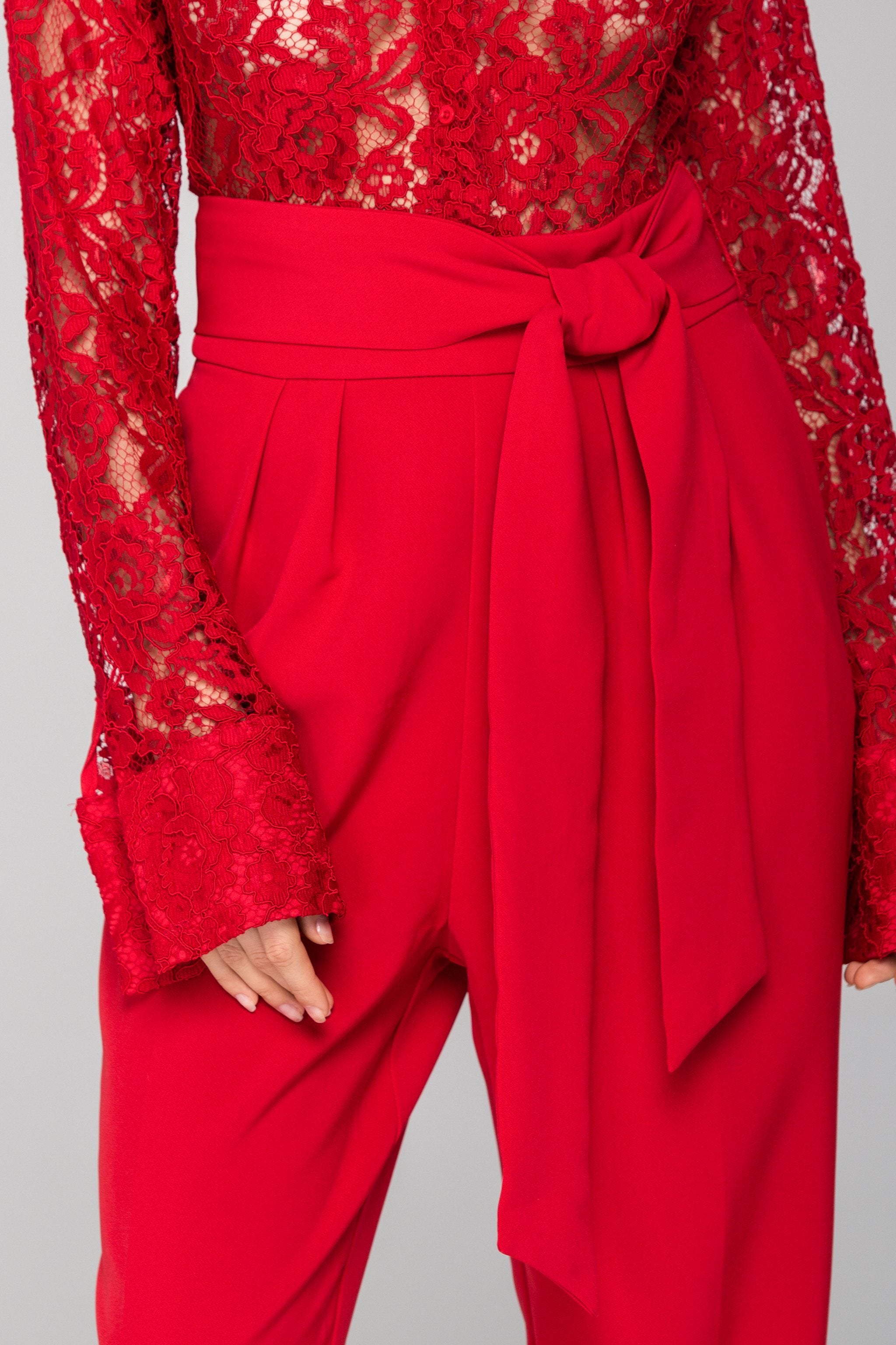 Rania Fawaz - Red Lace Sleeved Jumpsuit - ownthelooks-Development