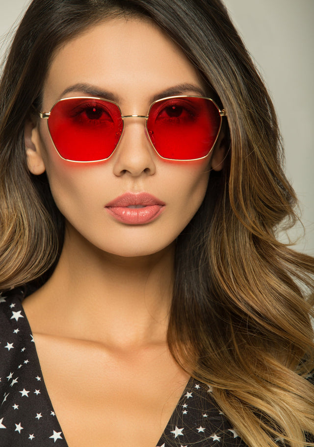 Red Lens Angled Square Sunglasses - ownthelooks-Development