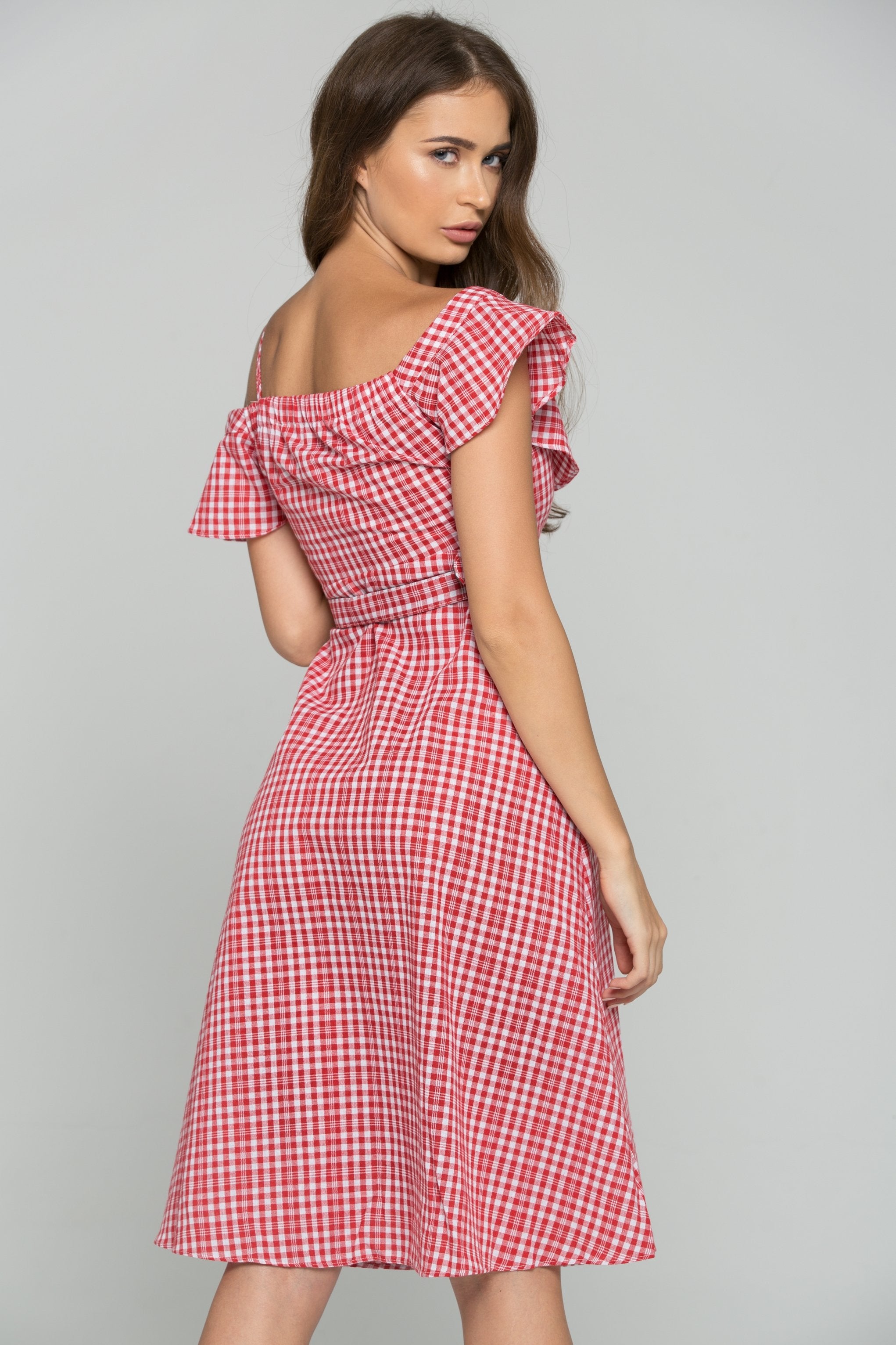 Red Plaid Bardot Side Button Midi Dress - ownthelooks-Development
