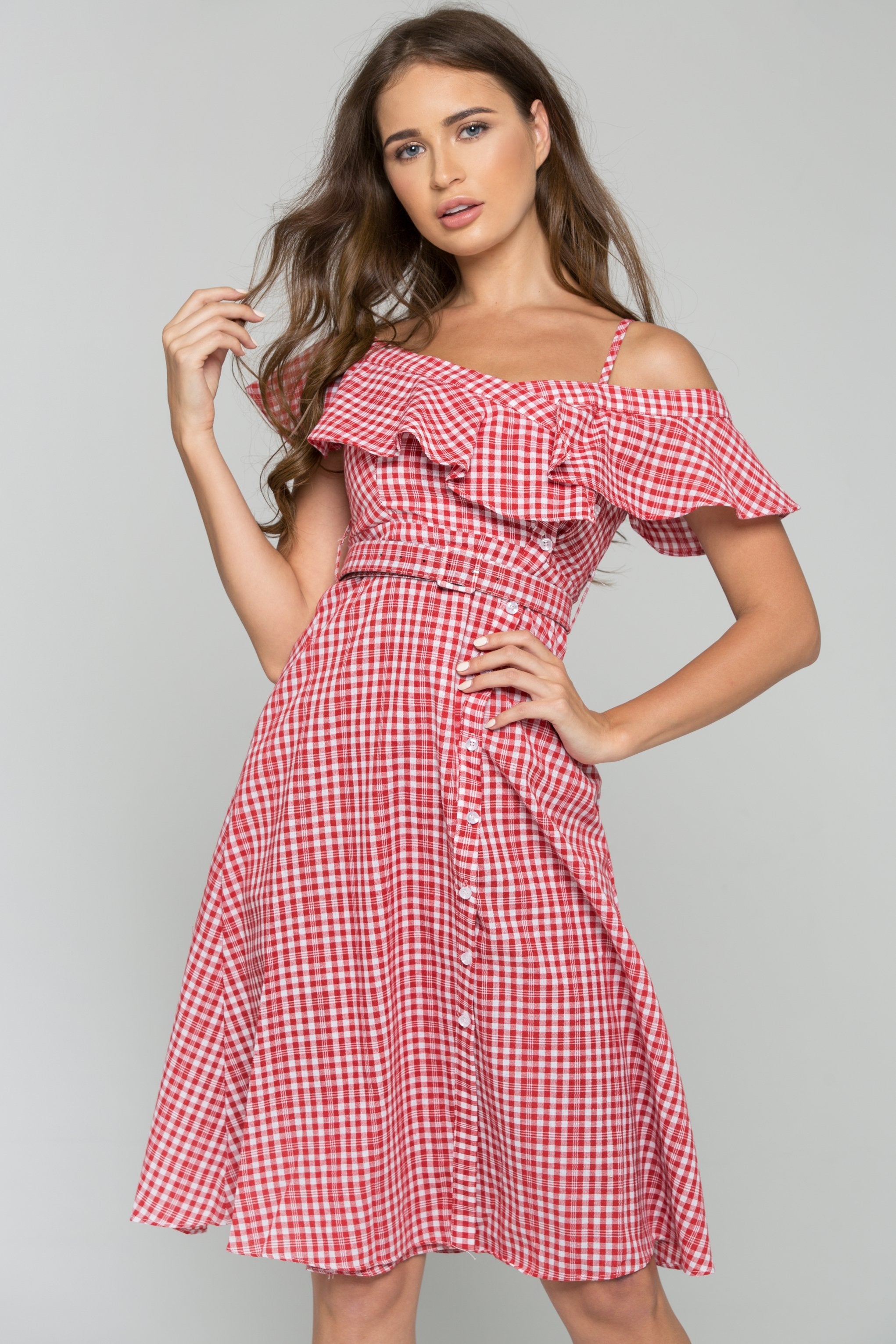 Red Plaid Bardot Side Button Midi Dress - ownthelooks-Development