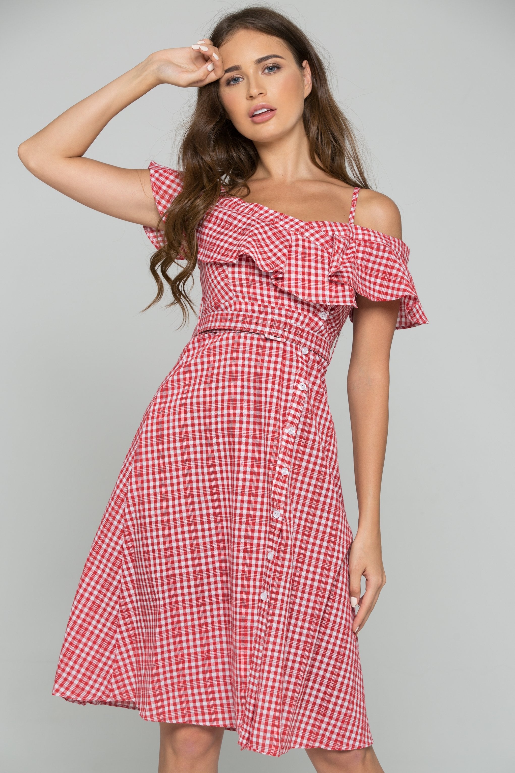 Red Plaid Bardot Side Button Midi Dress - ownthelooks-Development