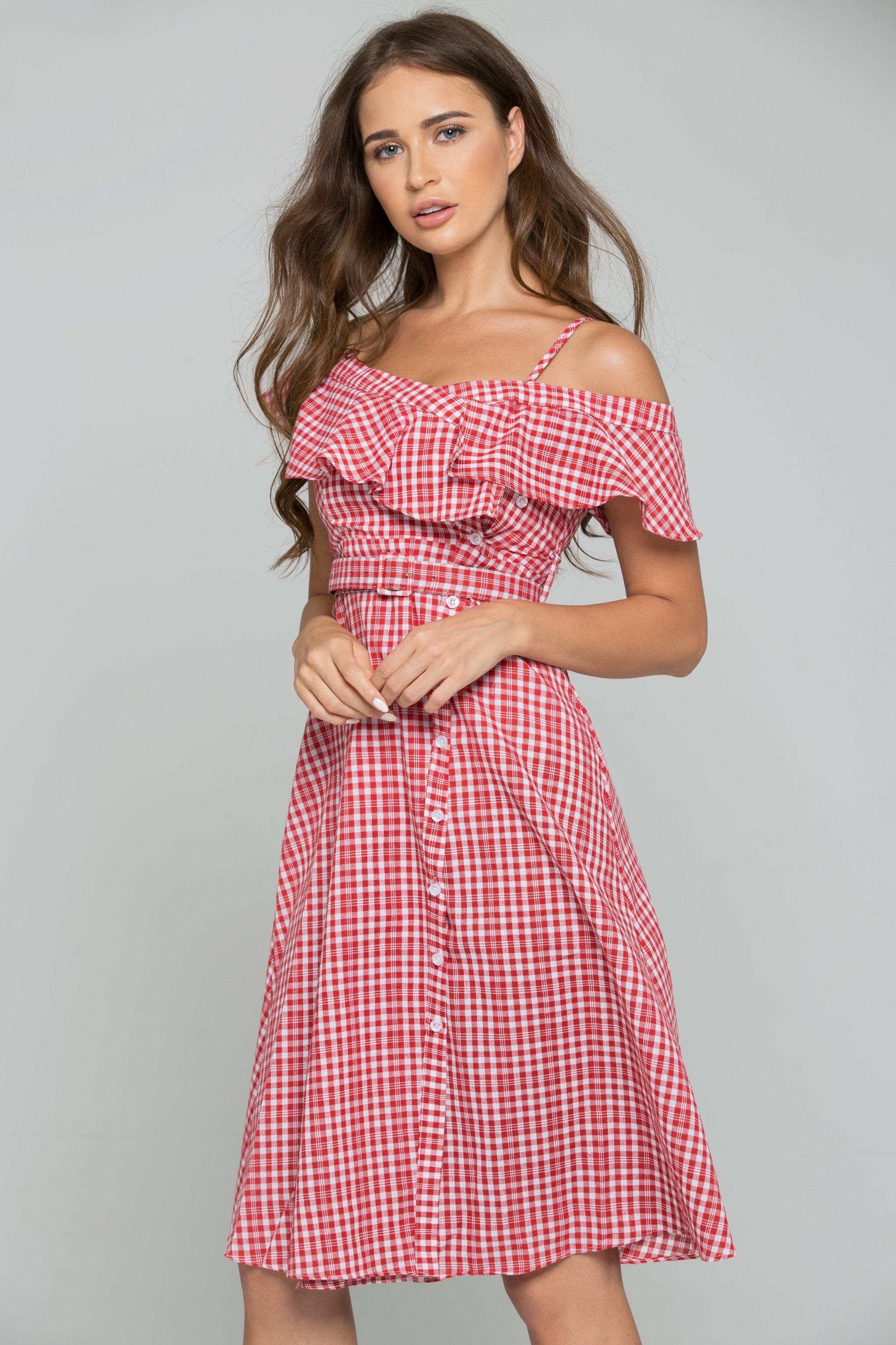 Red Plaid Bardot Side Button Midi Dress - ownthelooks-Development