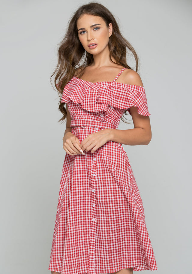Red Plaid Bardot Side Button Midi Dress - ownthelooks-Development