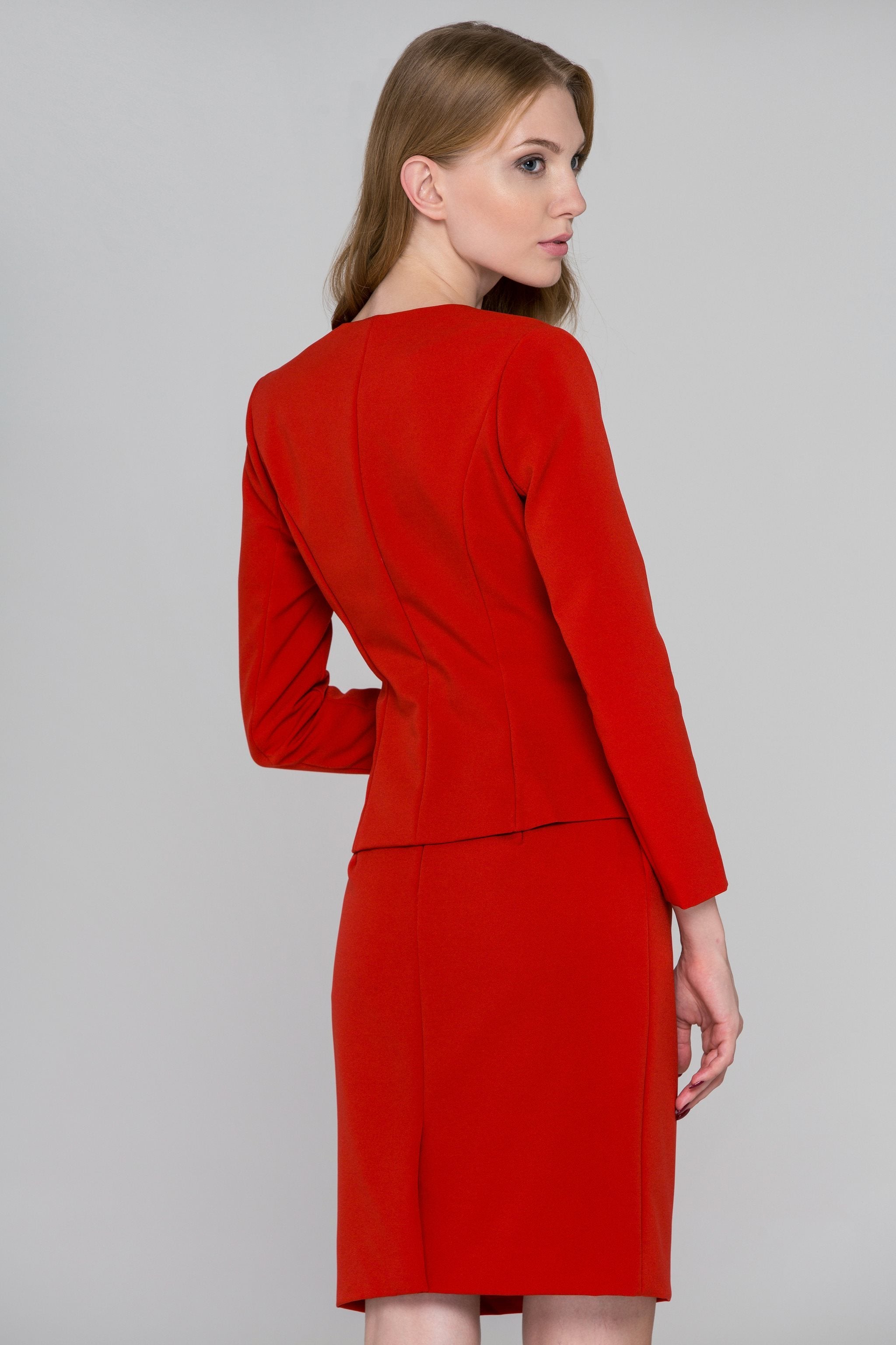 Red Reverse Notched collar Blazer and Skirt Set - ownthelooks-Development