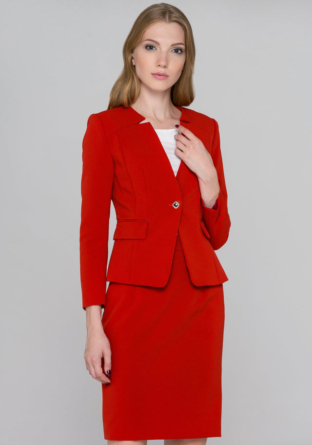 Red Reverse Notched collar Blazer and Skirt Set - ownthelooks-Development