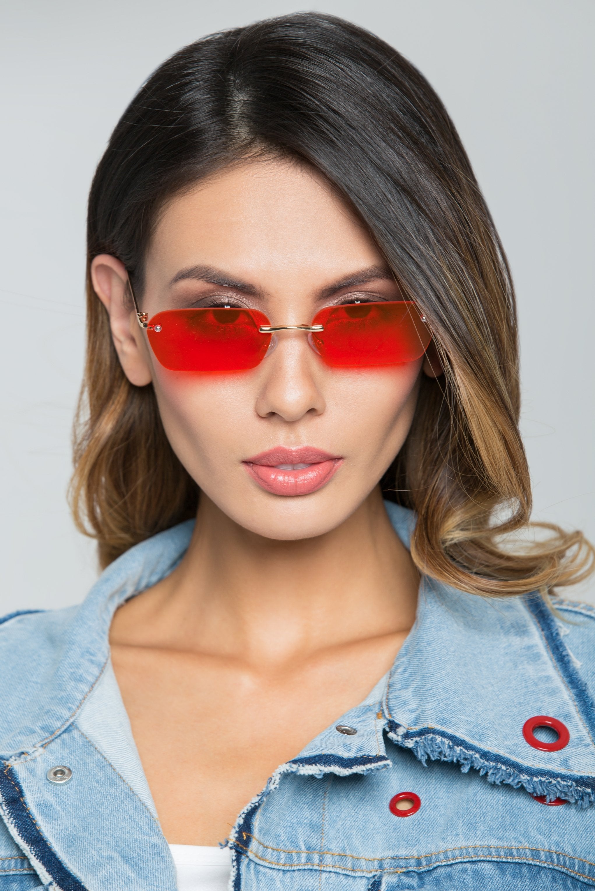 Red Rimless Angled Rectangle Sunglasses - ownthelooks-Development