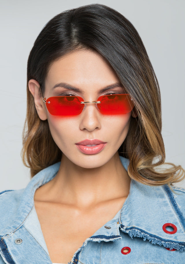 Red Rimless Angled Rectangle Sunglasses - ownthelooks-Development