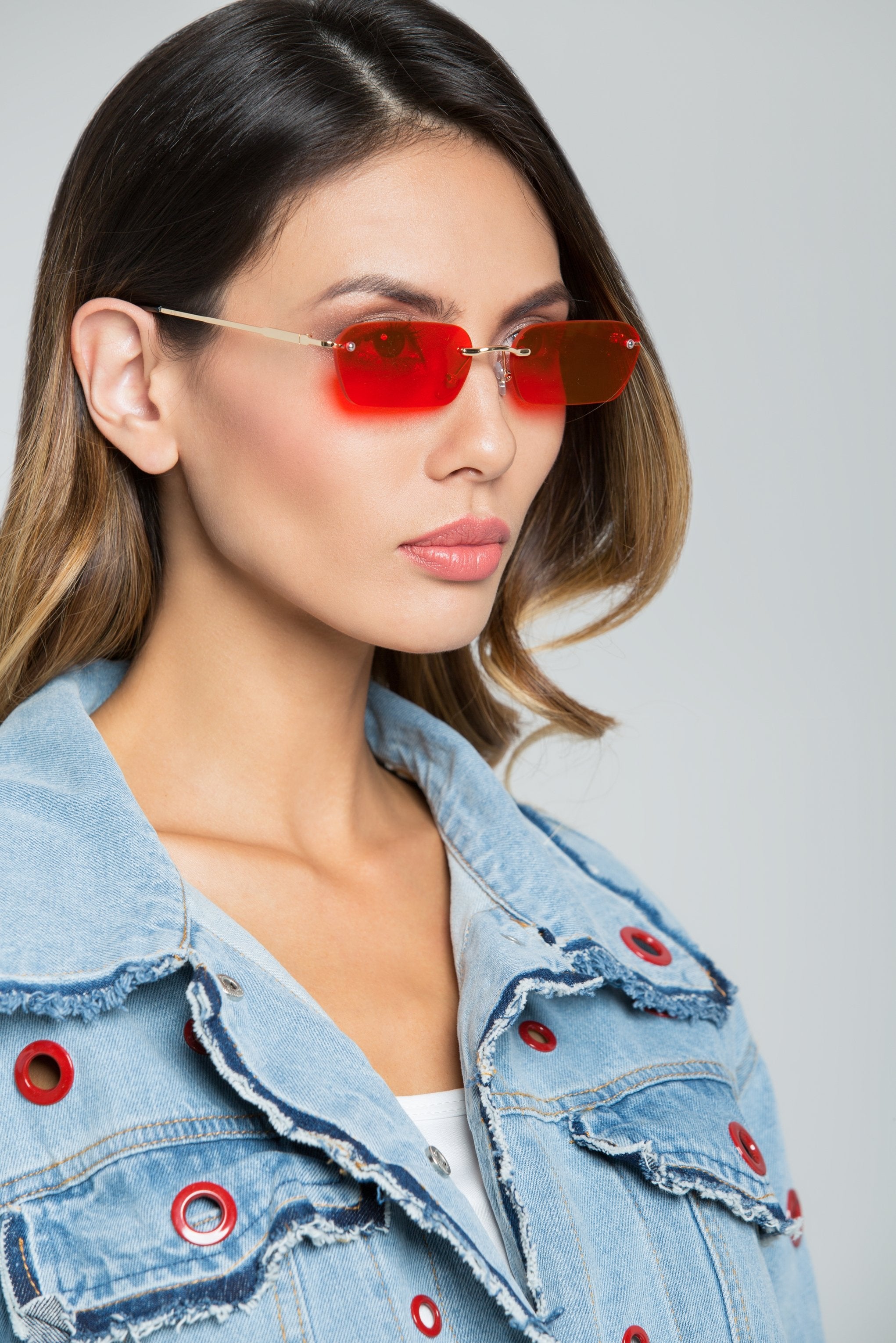 Red Rimless Angled Rectangle Sunglasses - ownthelooks-Development