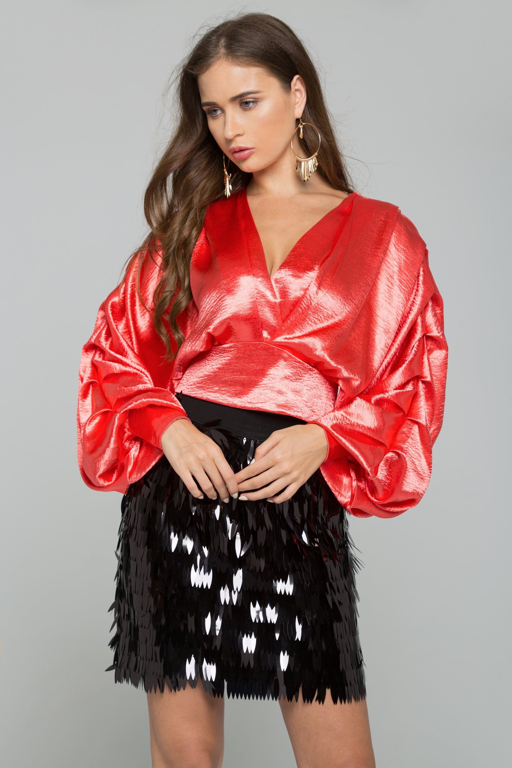 Red Satin Pleated Long Sleeves Top - ownthelooks-Development
