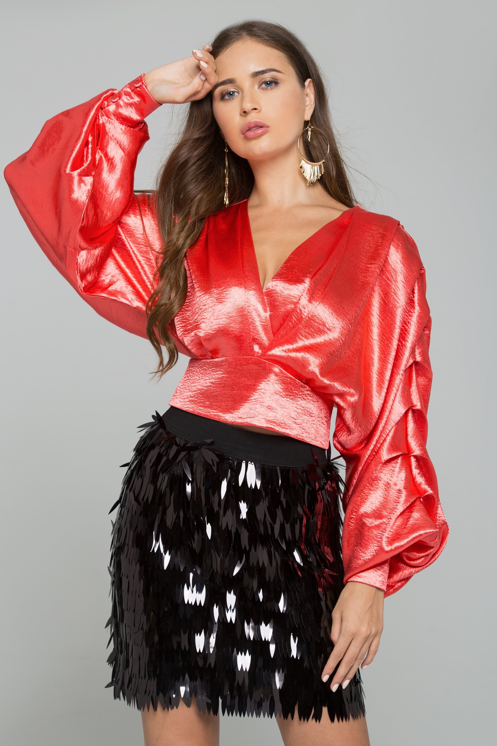 Red Satin Pleated Long Sleeves Top - ownthelooks-Development