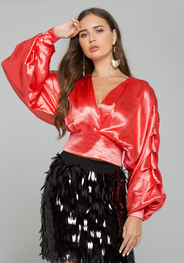 Red Satin Pleated Long Sleeves Top - ownthelooks-Development