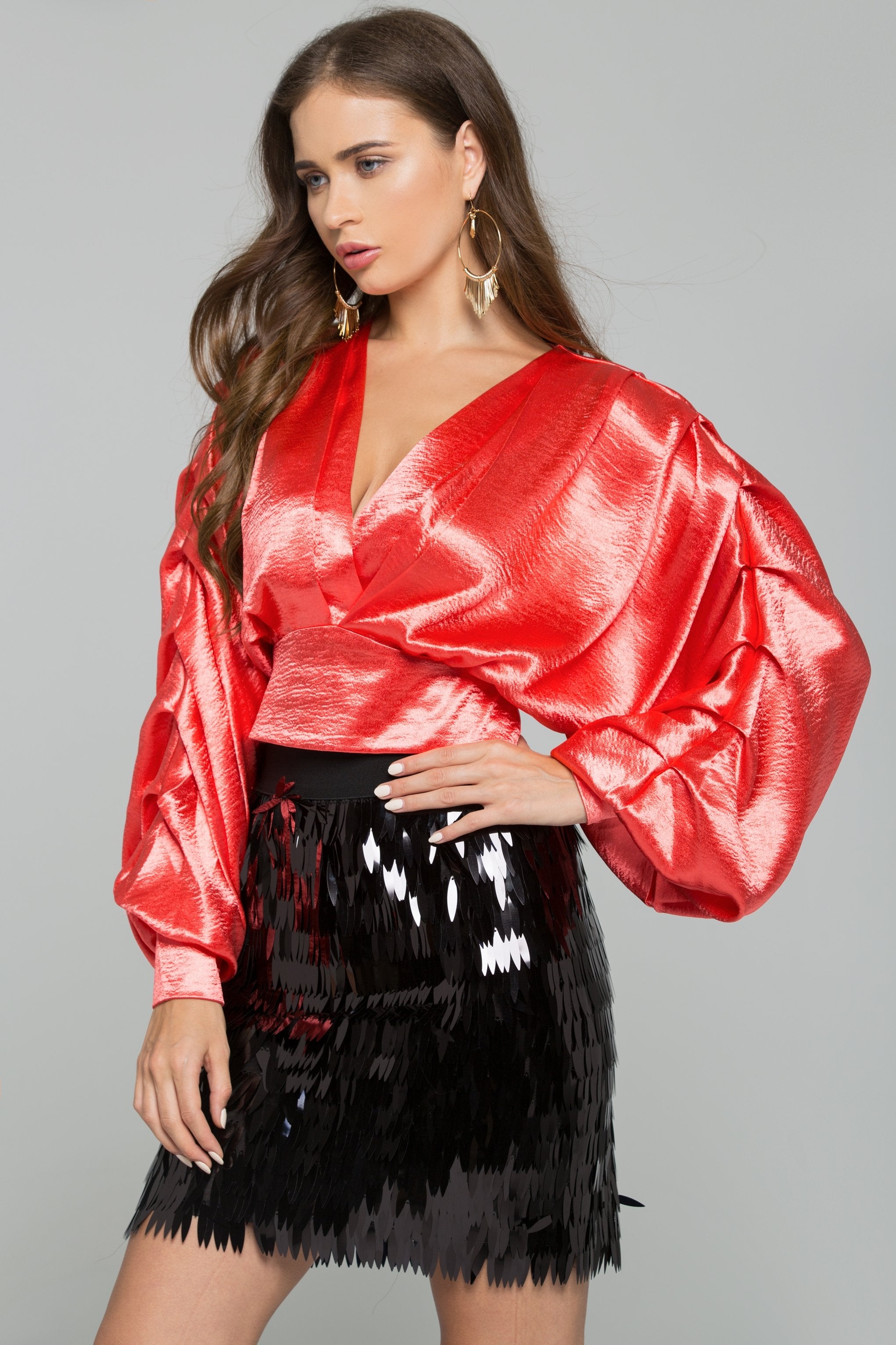 Red Satin Pleated Long Sleeves Top - ownthelooks-Development