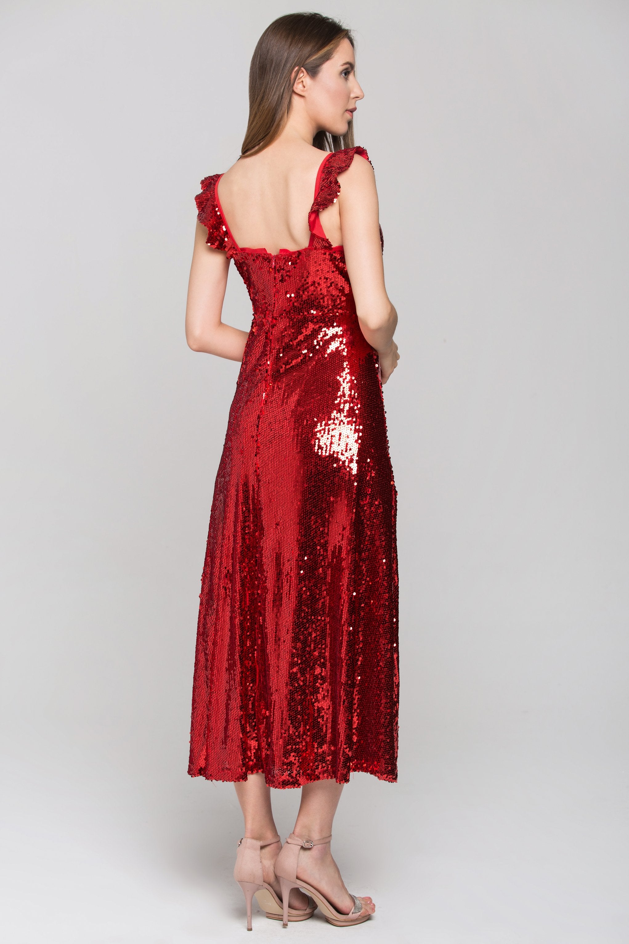 Red Sequined Ruffle Strap Evening Dress - ownthelooks-Development
