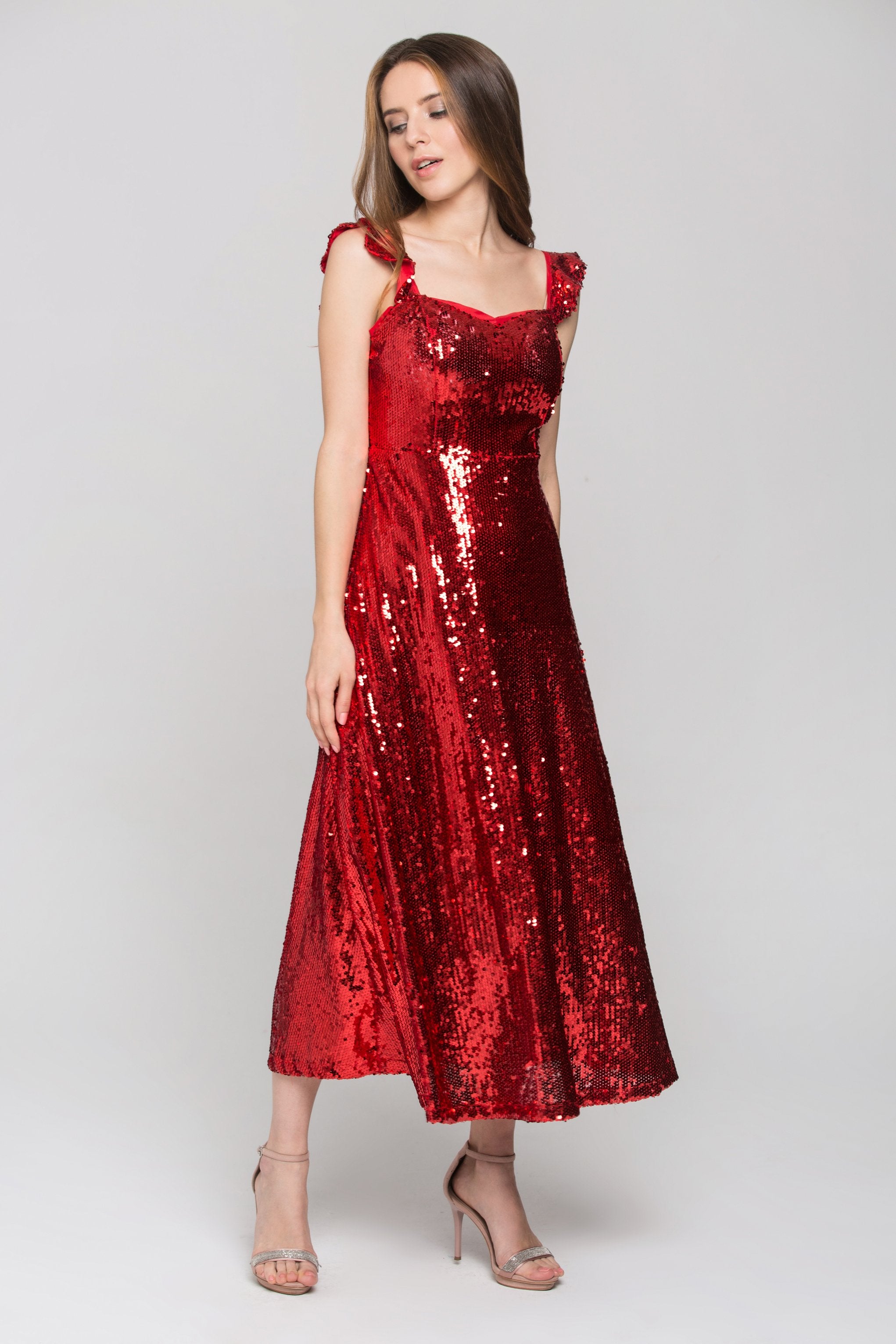 Red Sequined Ruffle Strap Evening Dress - ownthelooks-Development