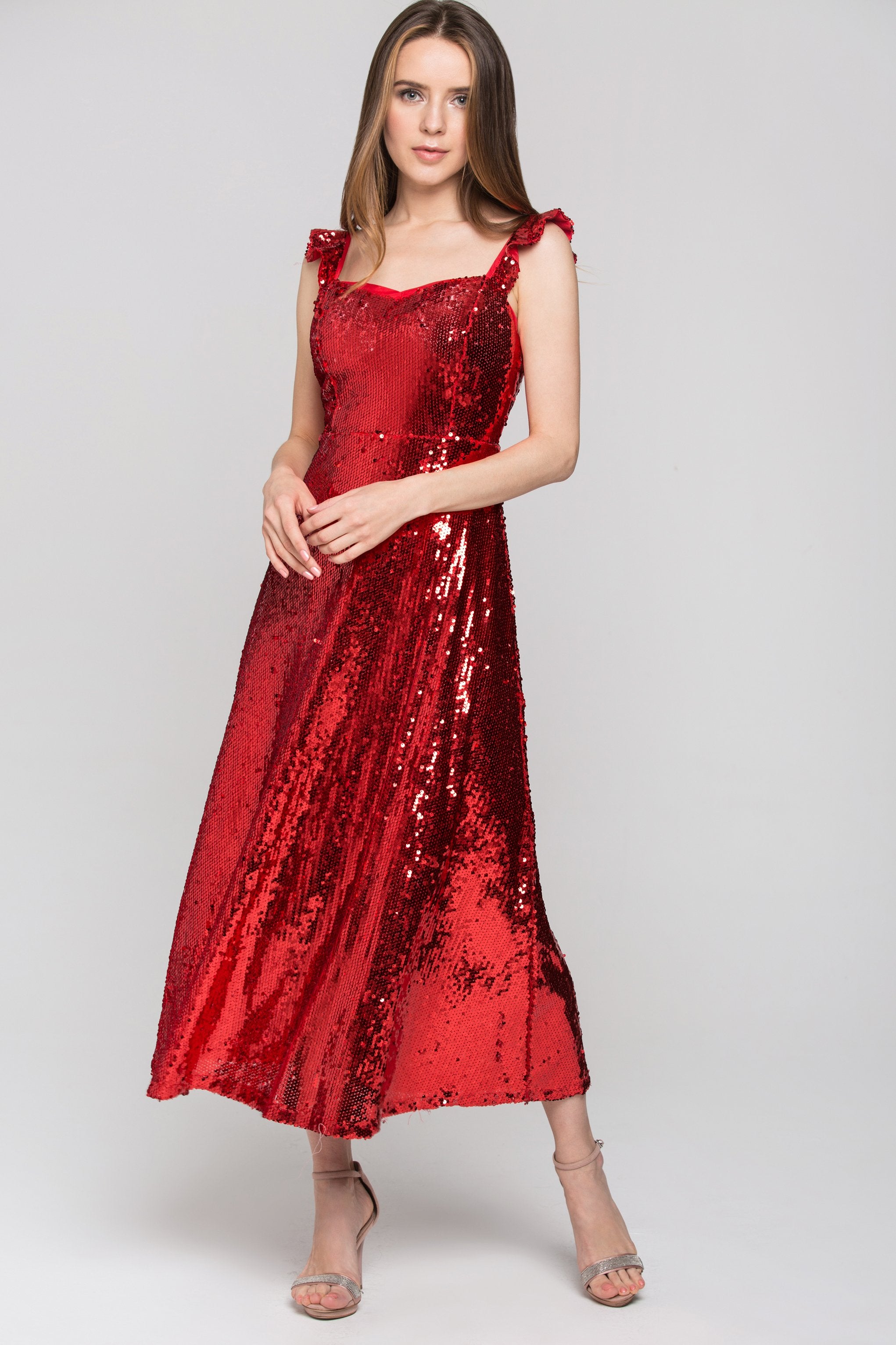 Red Sequined Ruffle Strap Evening Dress - ownthelooks-Development