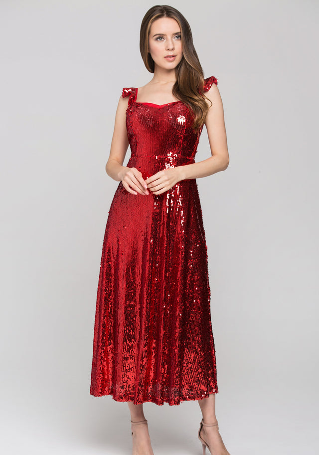 Red Sequined Ruffle Strap Evening Dress - ownthelooks-Development