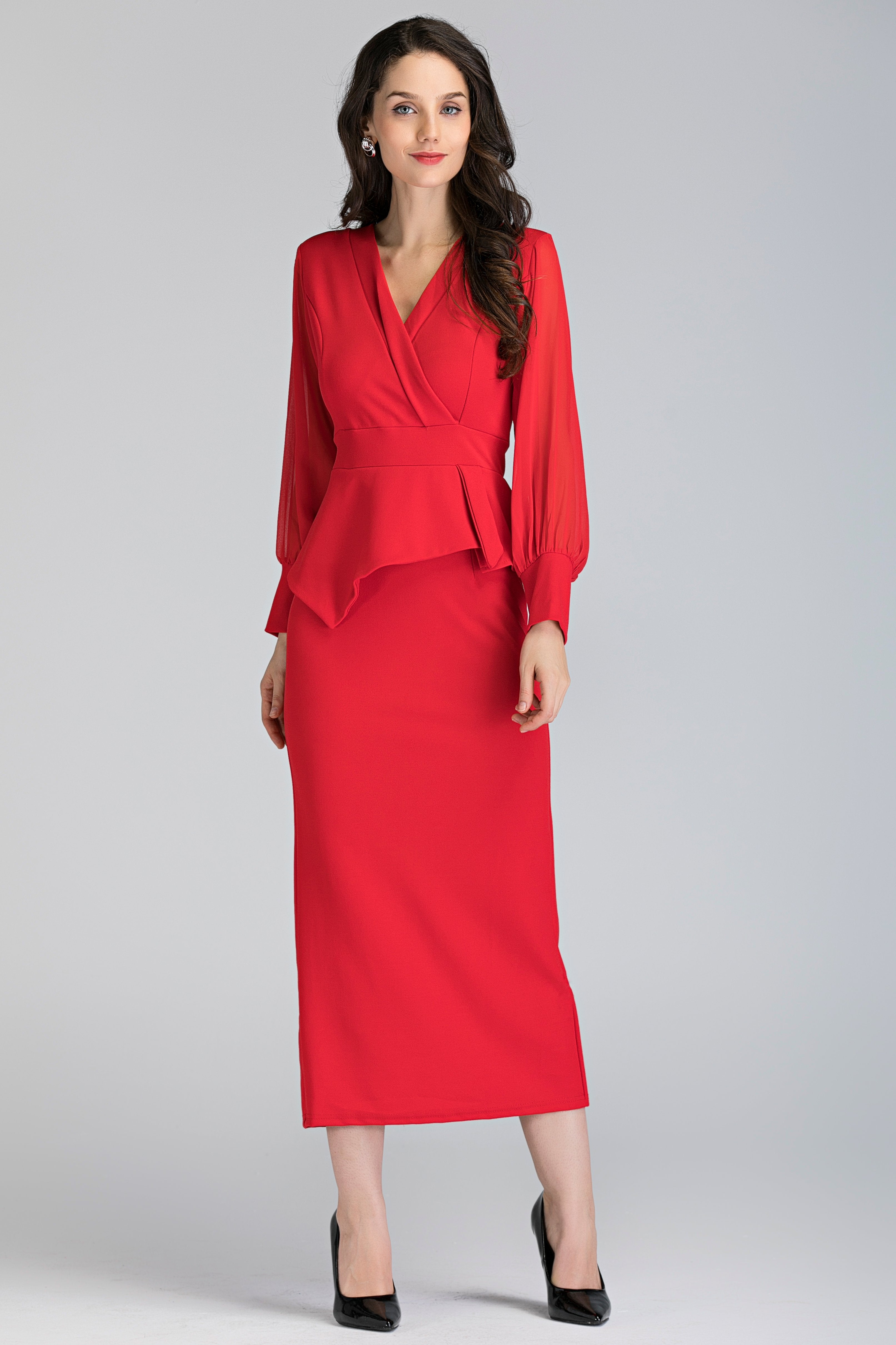 Red Sheer Sleeved Wrap Peplum Maxi Dress - ownthelooks-Development