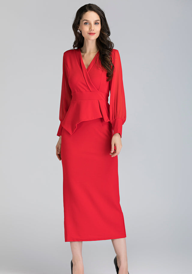Red Sheer Sleeved Wrap Peplum Maxi Dress - ownthelooks-Development