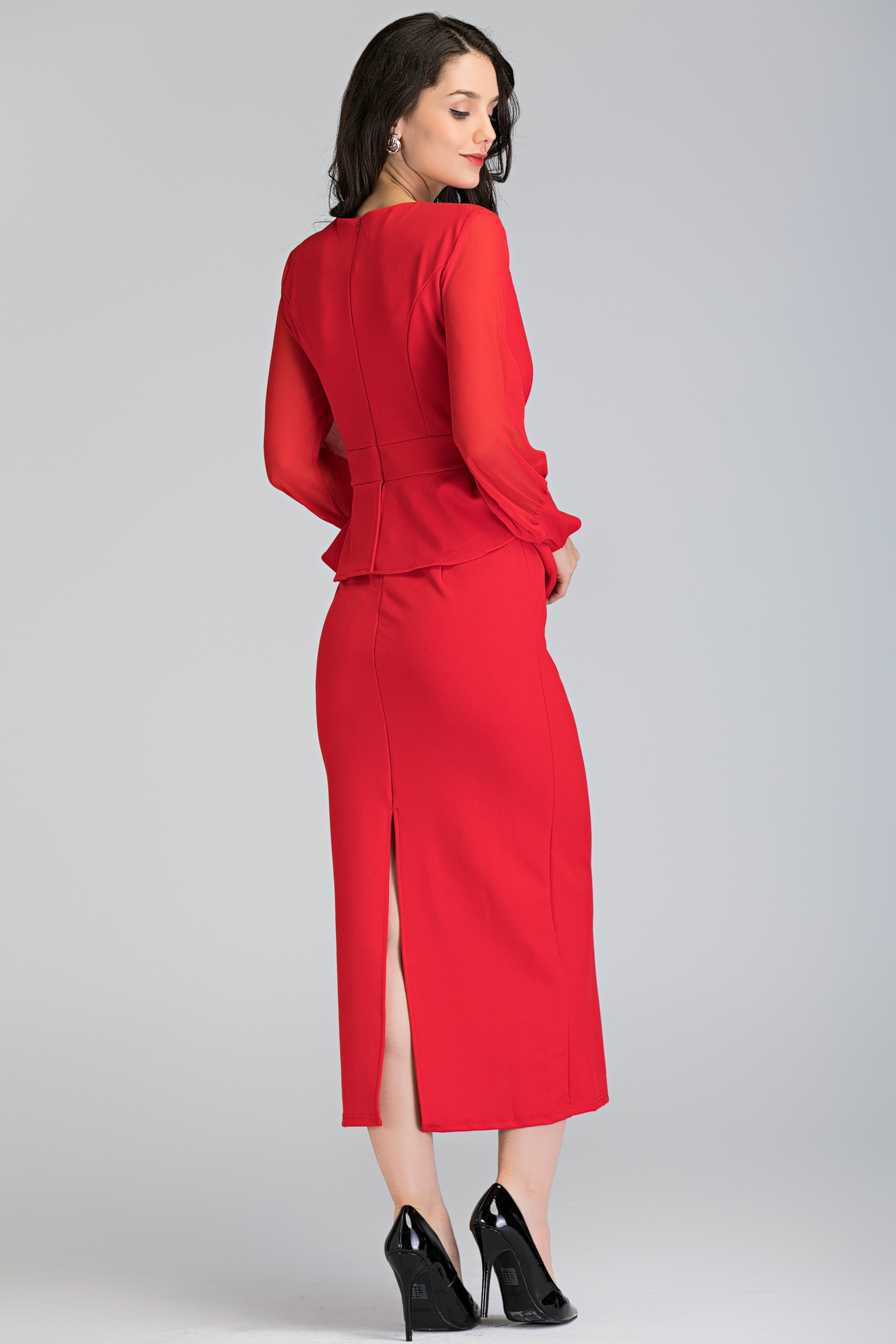 Red Sheer Sleeved Wrap Peplum Maxi Dress - ownthelooks-Development
