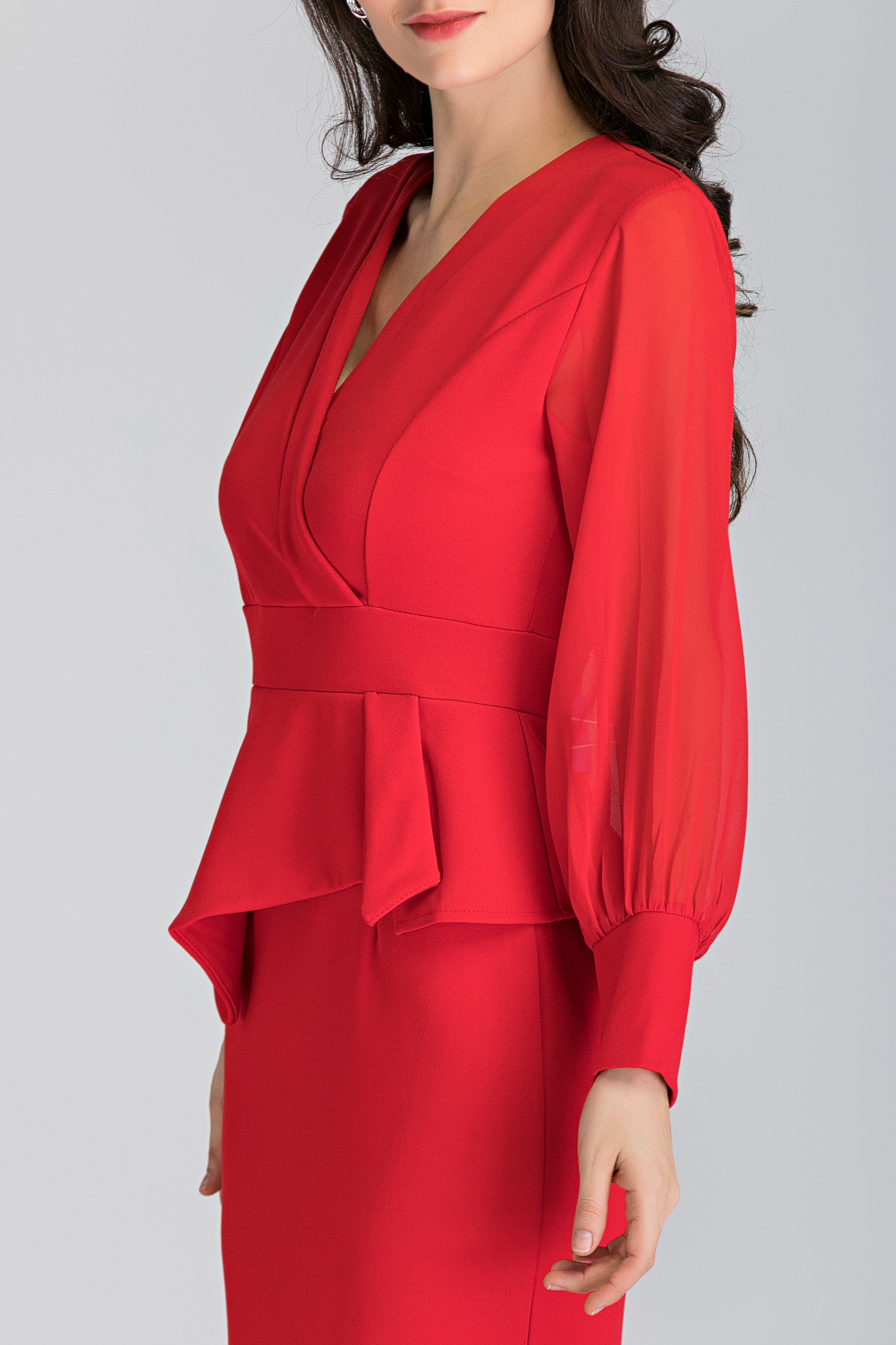 Red Sheer Sleeved Wrap Peplum Maxi Dress - ownthelooks-Development