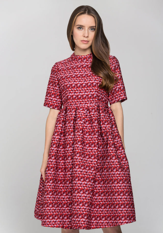 Red Sleeved Cube Print Midi Dress - ownthelooks-Development