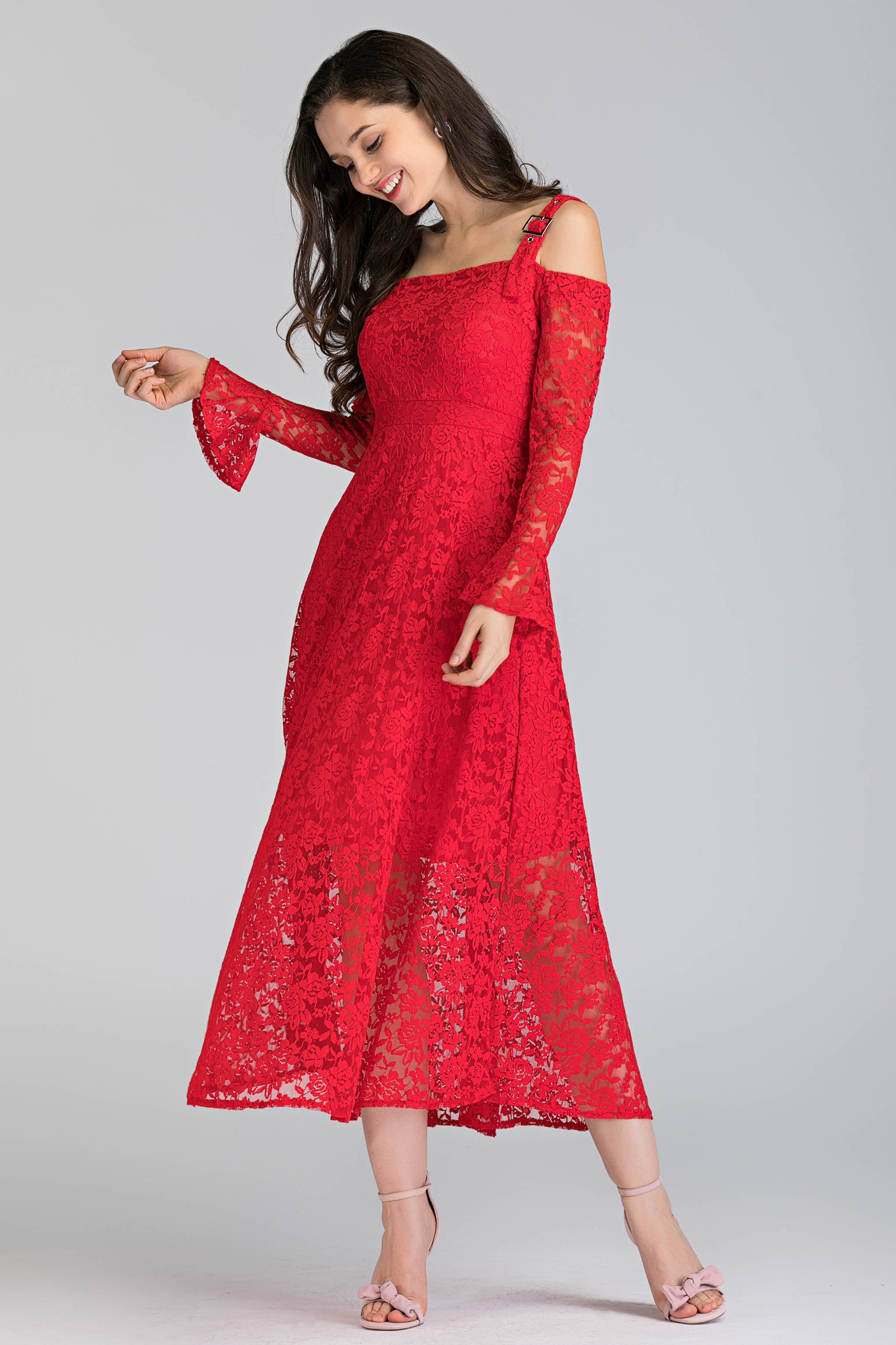 Red Soft Lace Belt Strap Cold Shoulder Maxi Dress - ownthelooks-Development