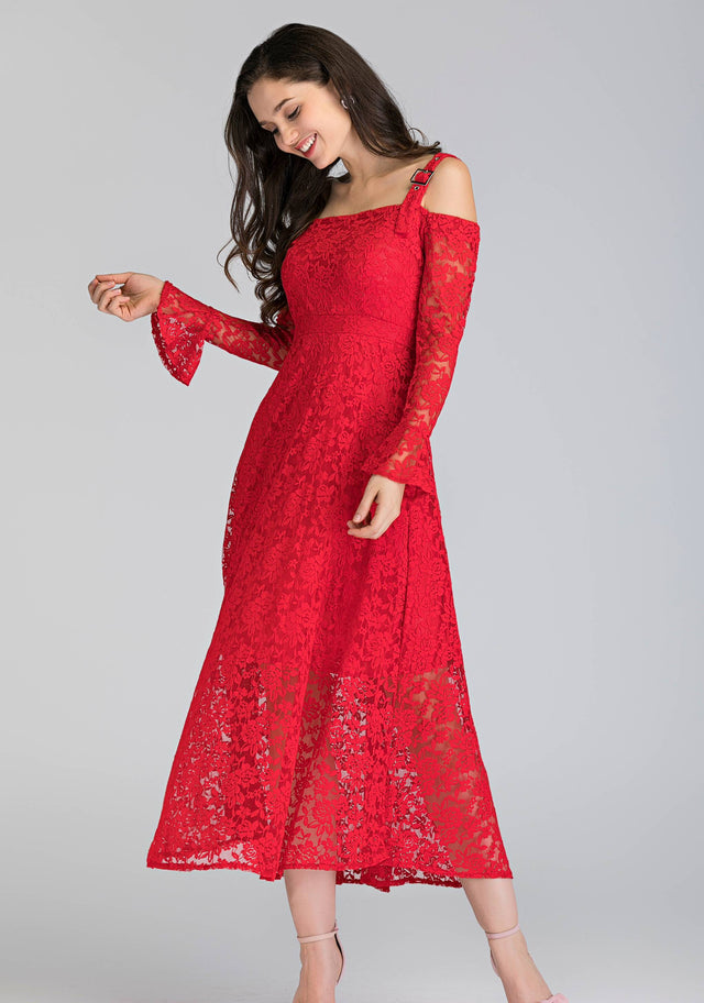 Red Soft Lace Belt Strap Cold Shoulder Maxi Dress - ownthelooks-Development